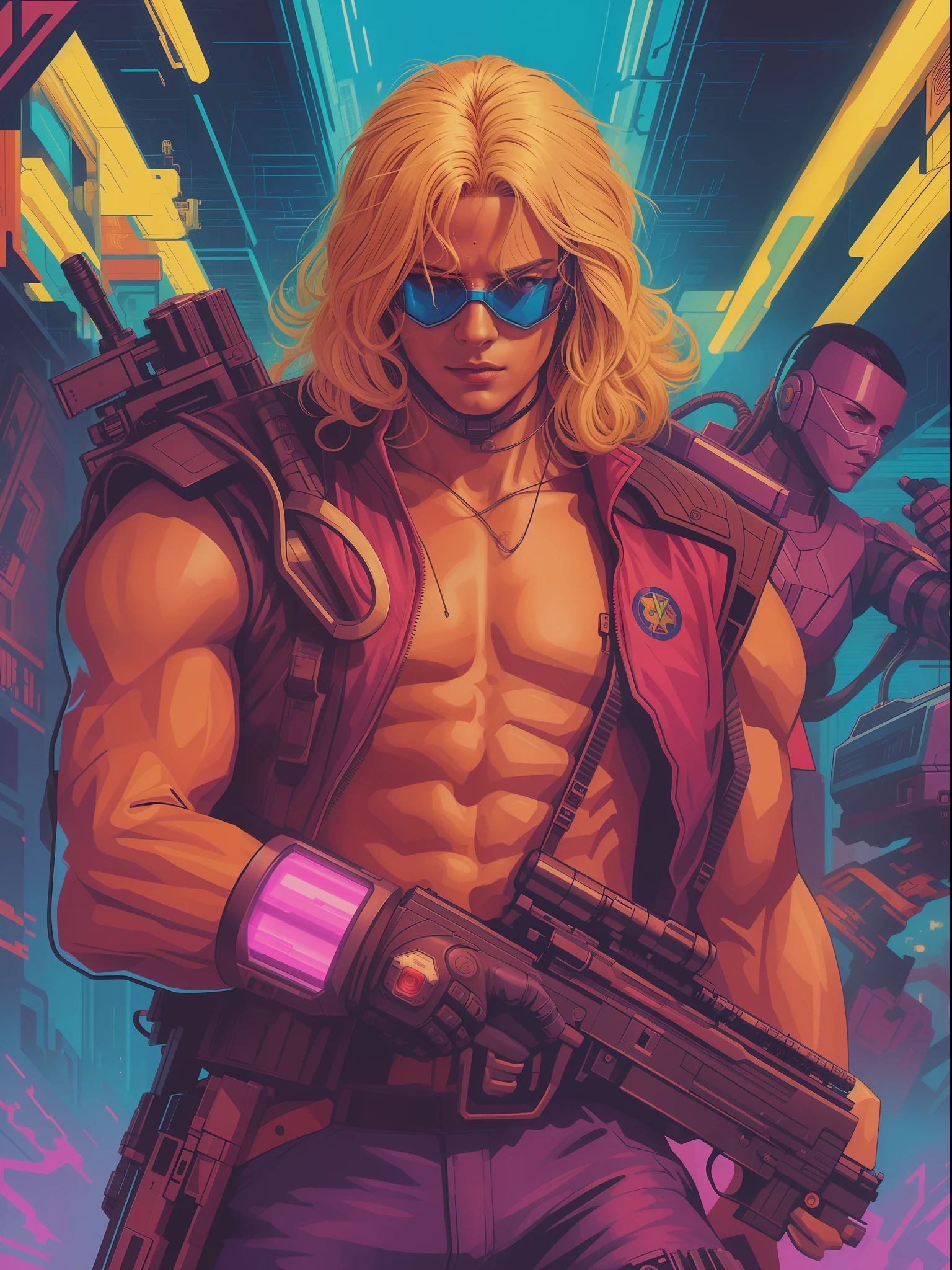 um homem com uma arma e um capacete segurando uma arma, musculoso! Cyberpunk, masterpiece epic retrowave art, Jen Bartel, cyber space cowboy, badass anime 8 k, estilo de arte Cyberpunk, cara Cyberpunk, Retrowave Epic Art, Epic retrowave art, cyberpunk hero, Marvel 8 0 S Estilo, arte da capa dos quadrinhos Cyberpunk, 8 0 s sci - arte em quadrinhos fi