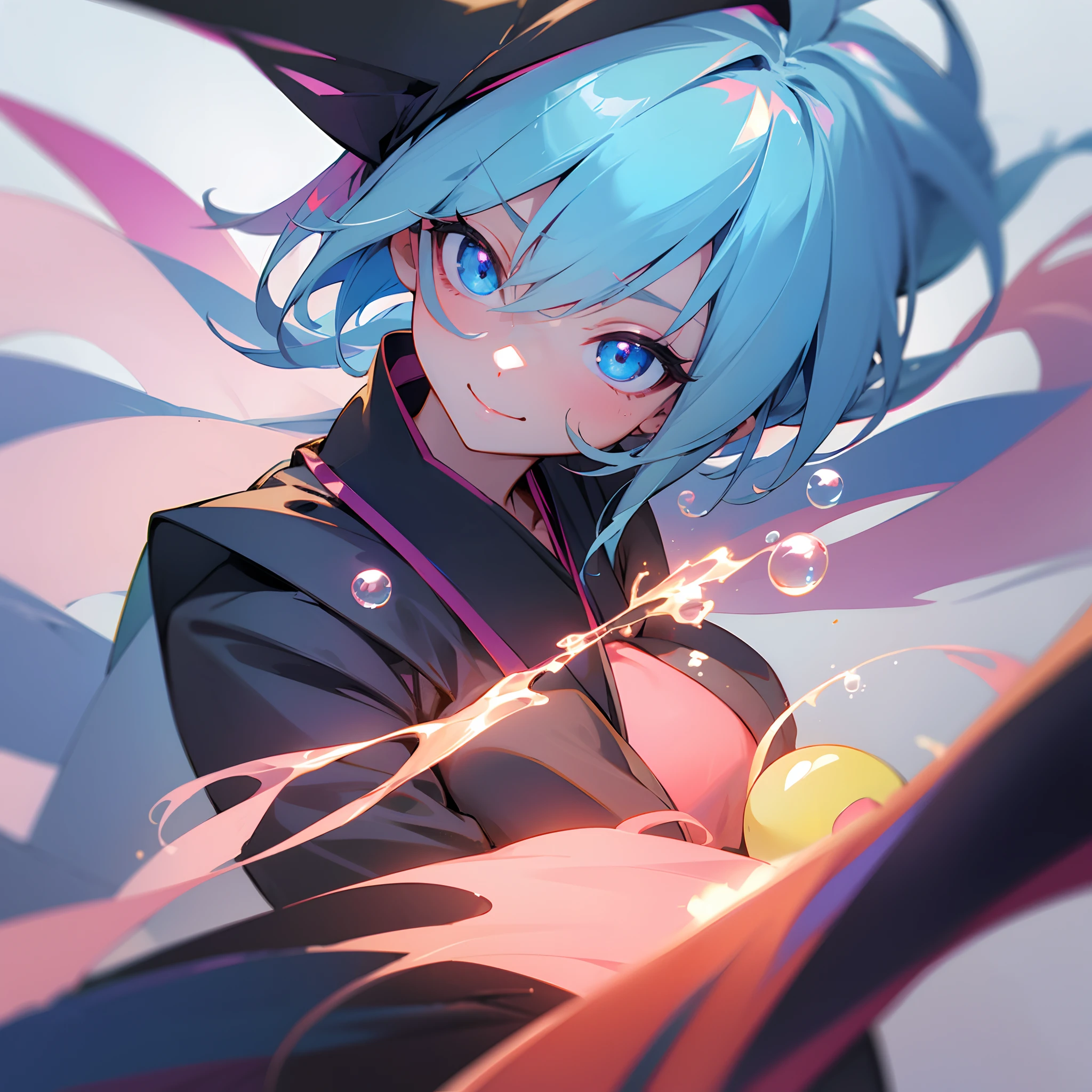 Dark Magician Girl、MKSKS style、独奏、(highly detailed back ground:1.0)、(highly detailed back ground:1.0)、masterpiece、top-quality、超A high resolution、8K、BREAK、(1/two-color and one-color peach,/2 Light blue hair)、BREAK、Detailed clothing、Cute kimono、Detailed skin、glowy skin、A detailed eye、Blue eyes、looking in camera、Burning cheeks、Smile、Large breasts、BREAK、(soap bubbles:1.2)、Daytime、dynamic ungle