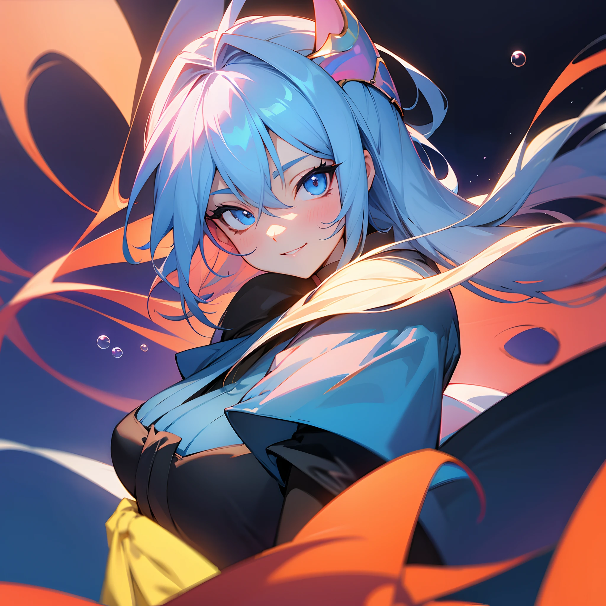 Dark Magician Girl、MKSKS style、独奏、(highly detailed back ground:1.0)、(highly detailed back ground:1.0)、​masterpiece、top-quality、超A high resolution、8K、BREAK、(1/two-color and one-color peach,/2 Light blue hair)、BREAK、Detailed clothing、Cute kimono、Detailed skin、glowy skin、A detailed eye、Blue eyes、looking in camera、Burning cheeks、Smile、Large breasts、BREAK、(soap bubbles:1.2)、Daytime、dynamic ungle