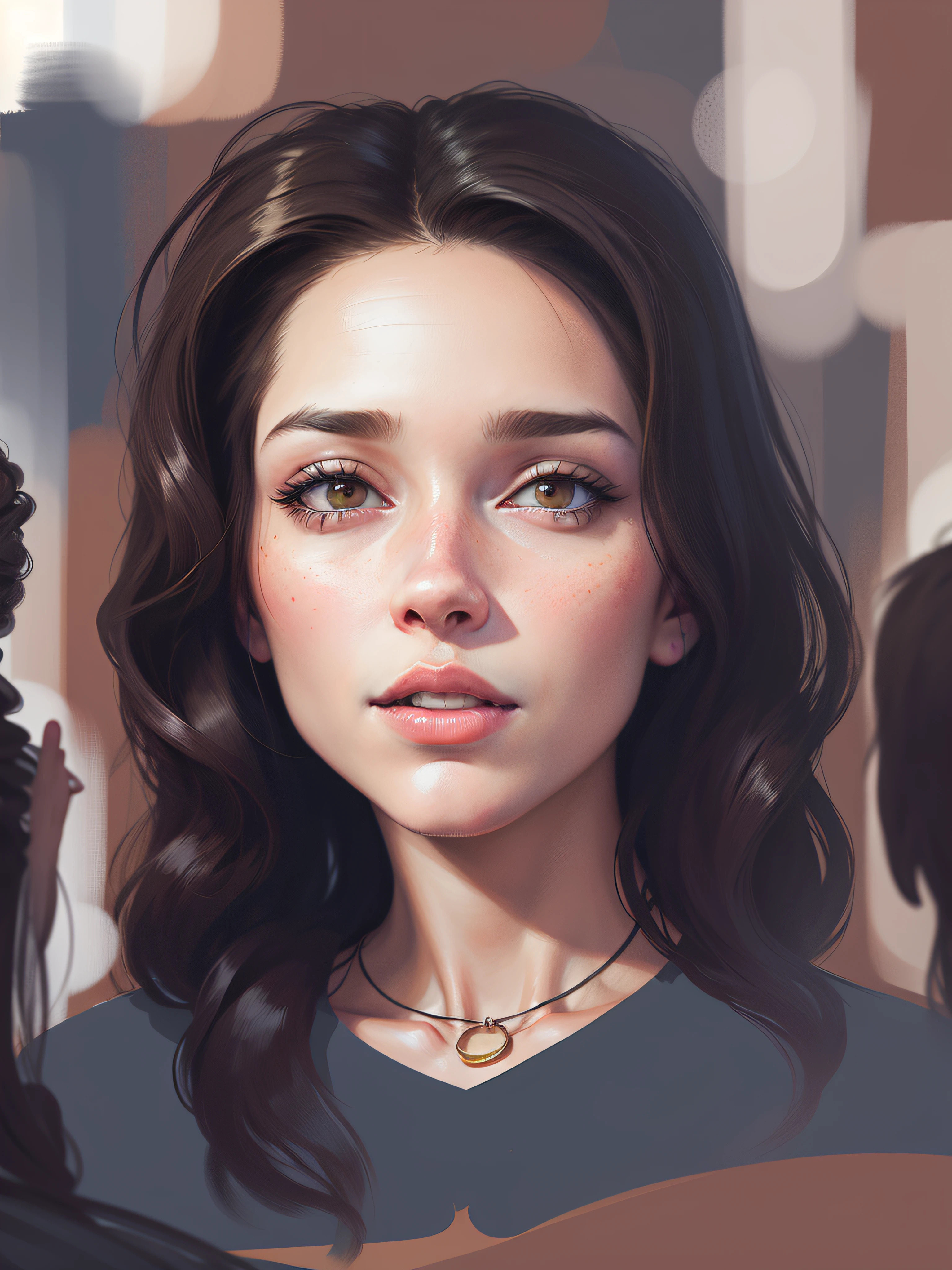 Painting of a woman with long brown hair and a necklace, Against the background of an oil painting, a digital painting of an, Digital Portrait in Oil Painting Style, digital art portrait, cartoon digital painting, digital illustration portrait, realistic female portrait, realistic digital painting,  Digital Painting, realistic portrait, Digital Art
