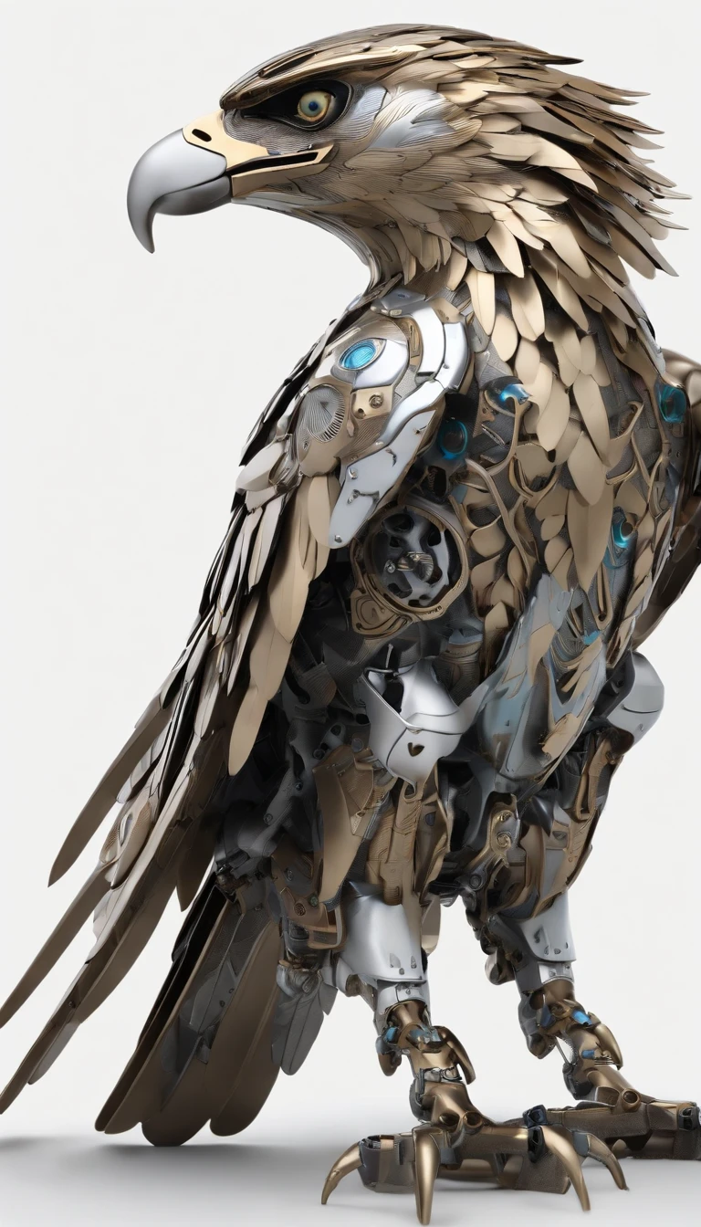 (color anmie style,A close-up photo of a mechanical bird,The appearance of an eagle,Steel Feather:1.25),Biomechanical,mecha design by shinku kim,(full body shot,white background:1.55),Sharp appearance and smooth transition armor,Full body mech display,