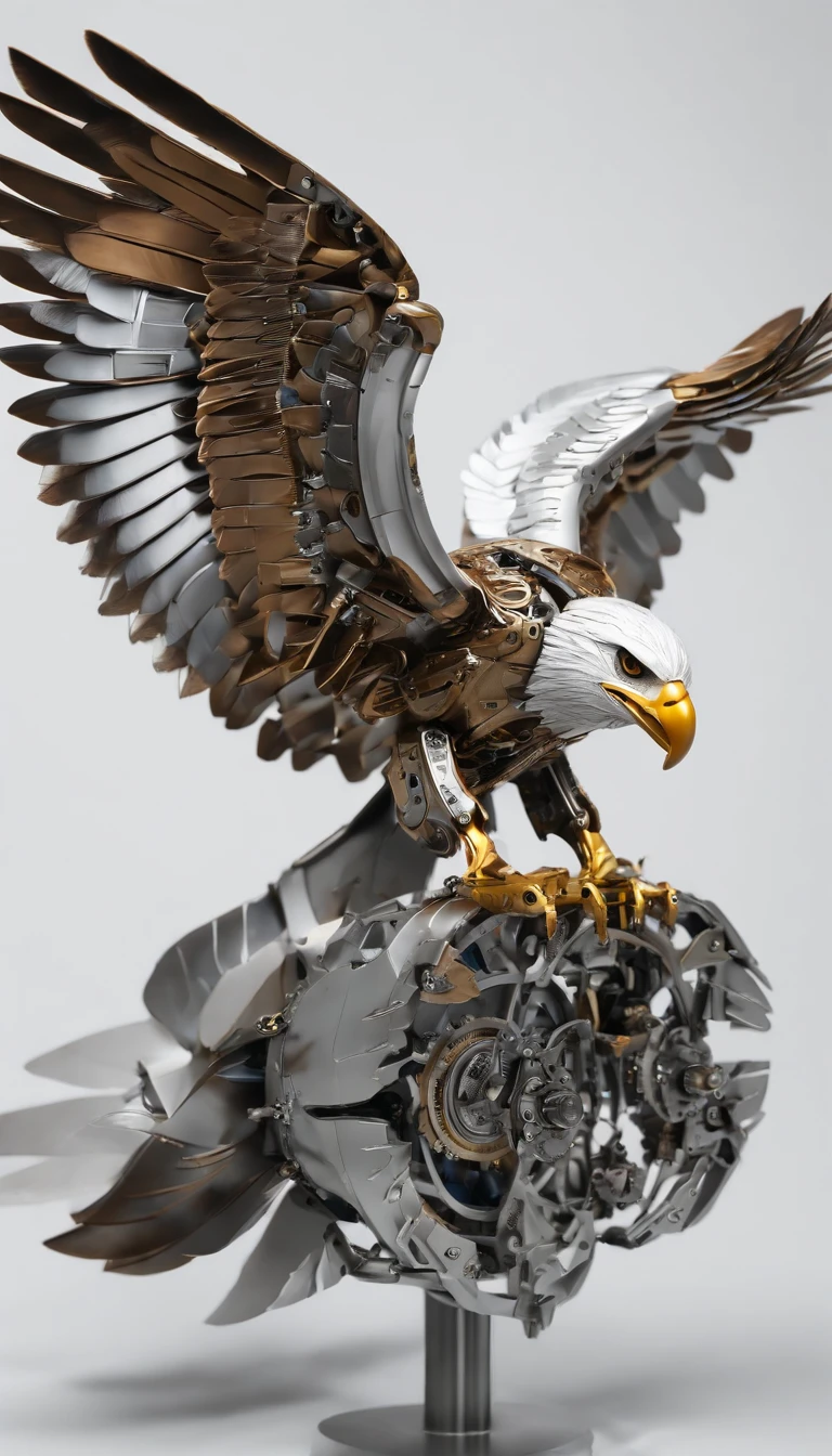 (color anmie style,A close-up photo of a mechanical bird,The appearance of an eagle,Steel Feather:1.25),Biomechanical,mecha design by shinku kim,(full body shot,white background:1.55),Sharp appearance and smooth transition armor,Full body mech display,