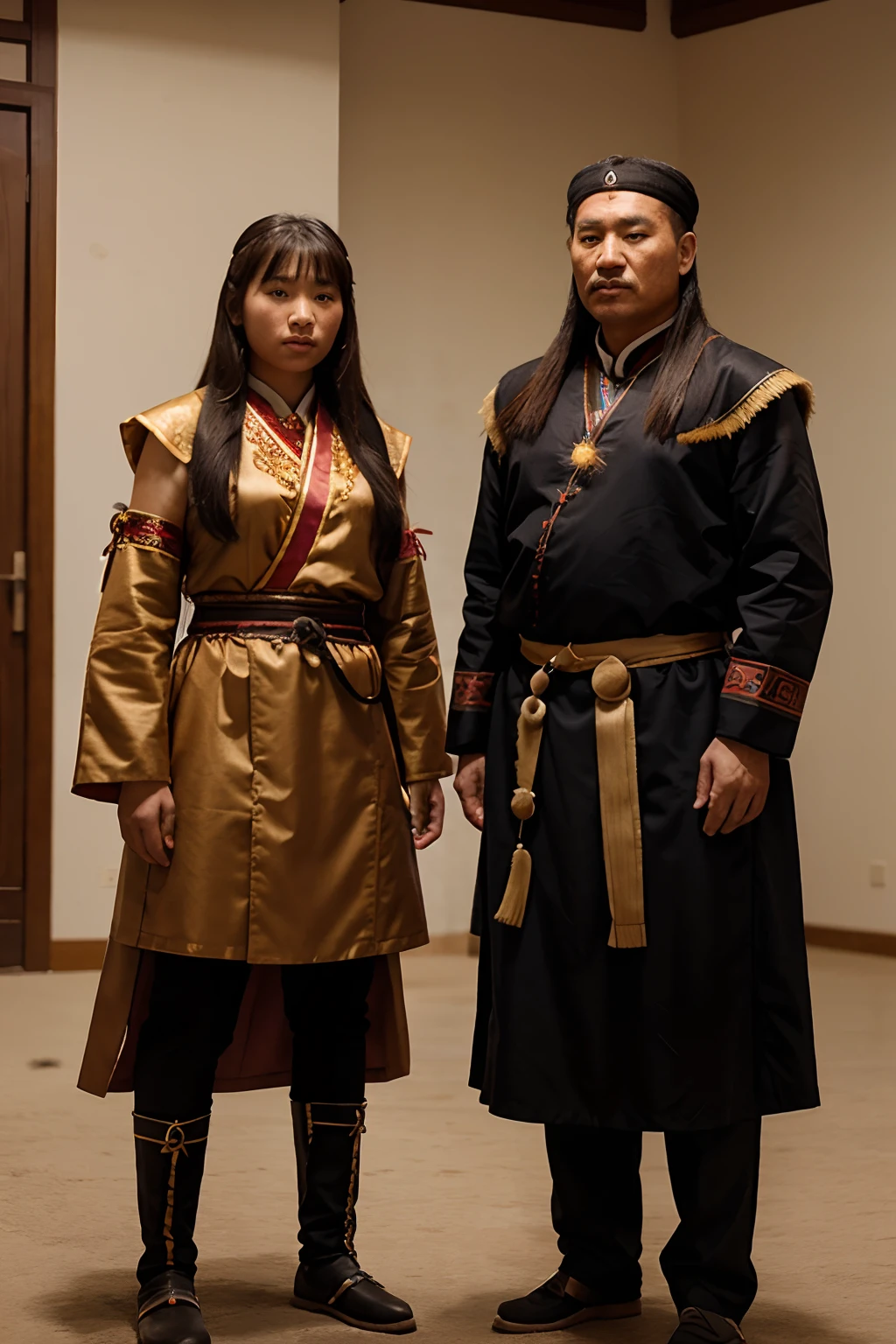 An image of Genghis Khan's daughters dressed in traditional Mongolian attire, standing proudly in front of their father. hyperrealistic