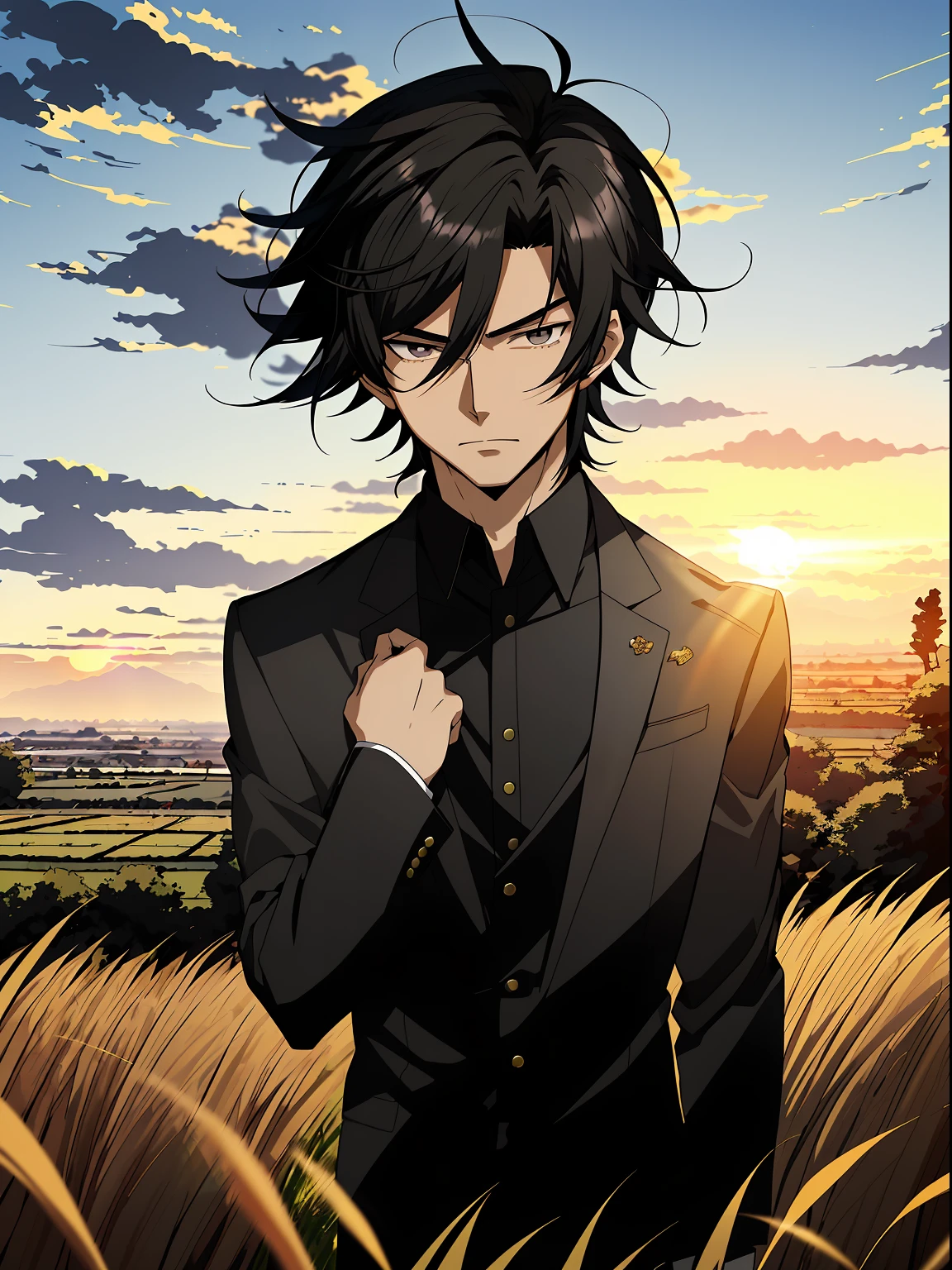 Anime boy in rye field with sunset background, Anime handsome man，Short black hair，Black eyes，Black clothes, Anime portrait of a handsome man, Official illustration, offcial art, young anime man, Key anime art, Smooth anime CG art, Handsome anime pose