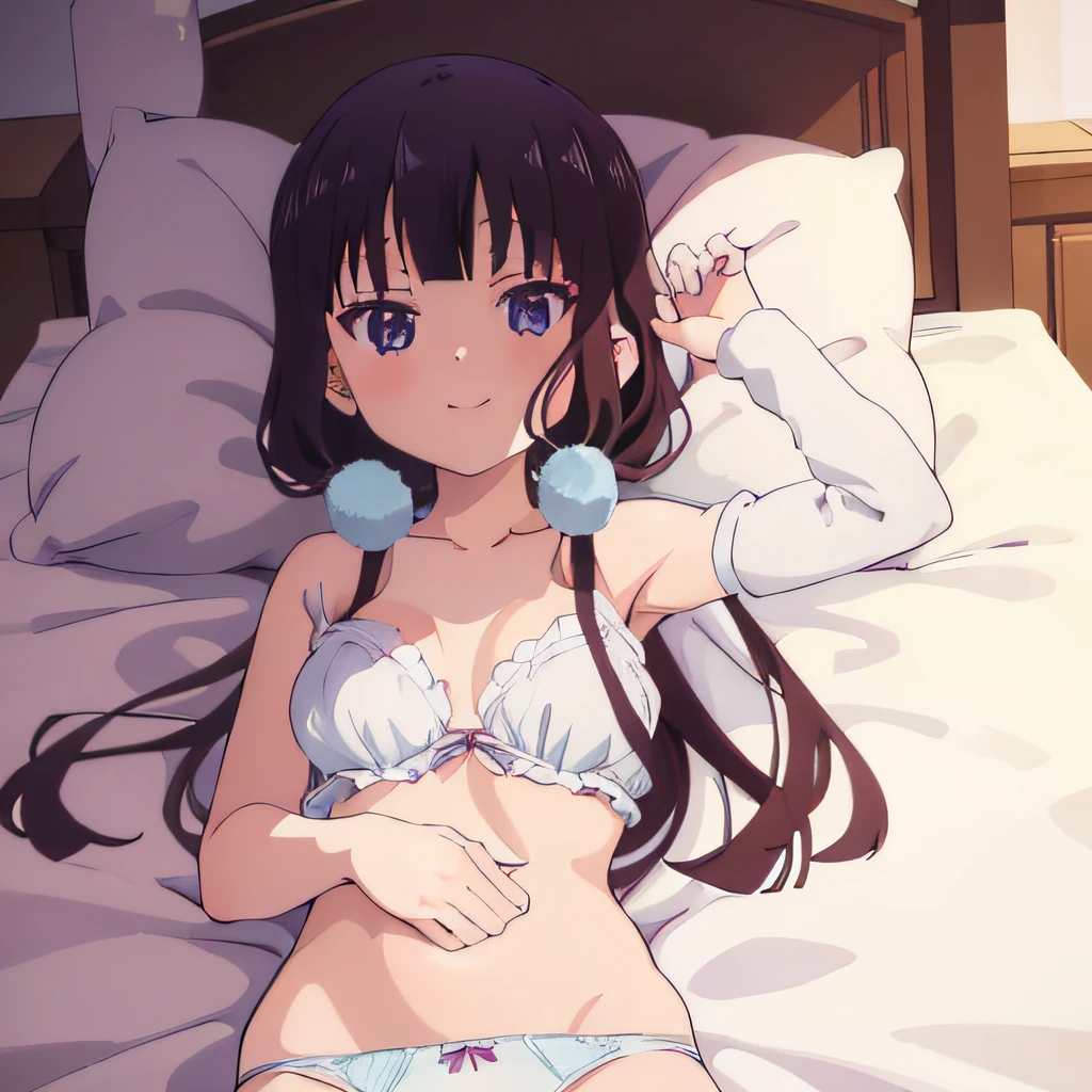 ((masutepiece)), ((Best Quality)), (Ultra-detailed), Anime style, Luxury bed, s, 1girl in, Solo,((Beautiful eyes)), large full breasts, wearing underpants, Smile