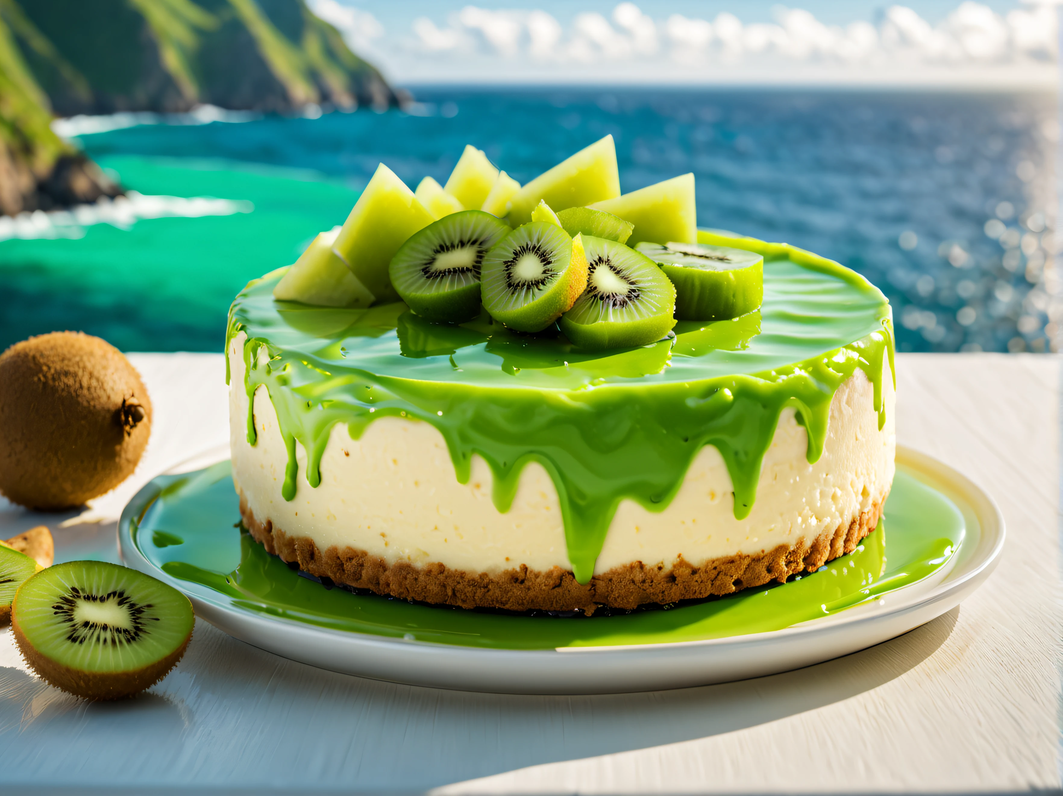 photo RAW,(centered portrait of kiwi lime cheesecake with biscuit base), from front, 45 degree angle, (sumptuous, mouth watering, decadent), sunlight refecting off green liquid glaze, (caribbean sea, luxury yacht, sun drenched deck), promotional photo, Photo realistic portrait, 8k resolution, octane render, dynamic lighting, deep focus, extremely detailed and intricate photography, white cream and lime_green colours), masterpiece, award winning photography, lighting, perfect composition, high detail, hyper realistic, dramatic lighting, epic,