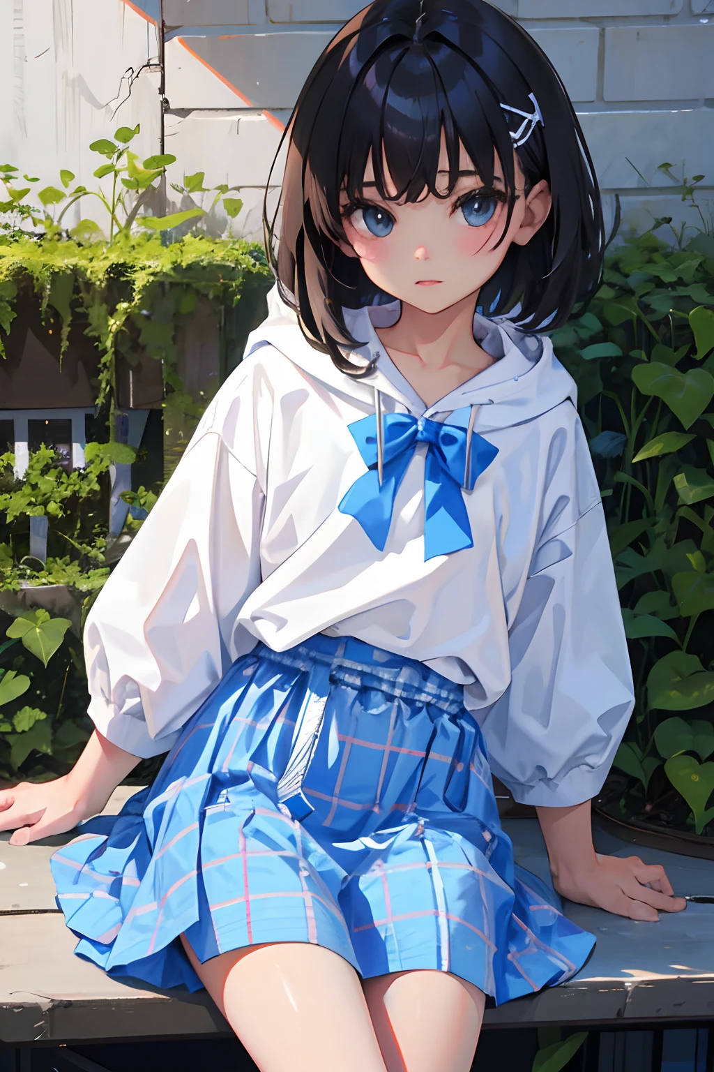(child),(masterpiece,Highest Quality),Pastel hoodies with short sleeves,(gingham checked skirt),A dark-haired,Parallel worlds