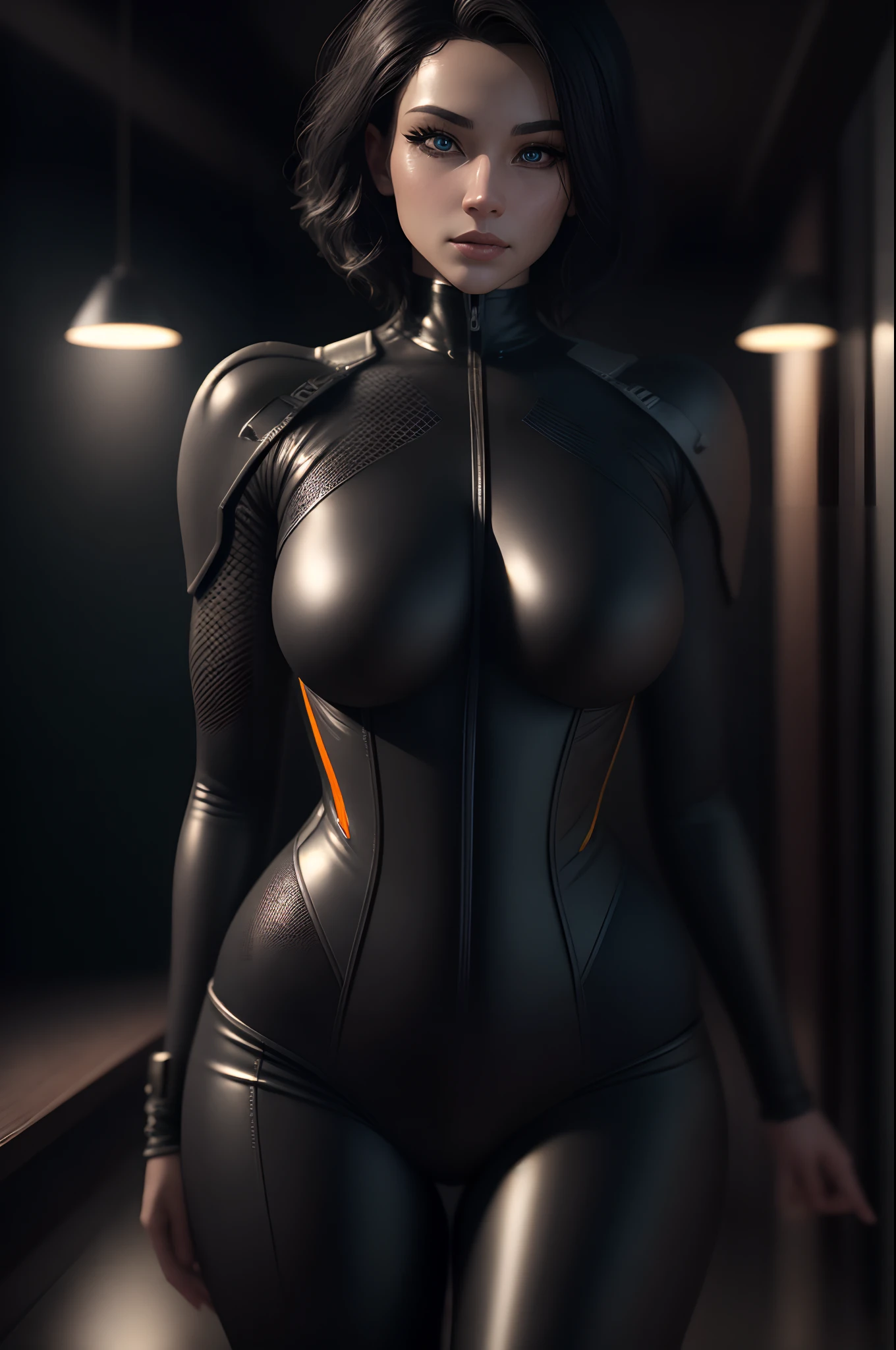 ((Best quality)), ((masterpiece)), (detailed:1.4), 3D, HDR (High Dynamic Range),Ray Tracing,NVIDIA RTX,Super-Resolution,Unreal 5,Subsurface scattering,PBR Texturing,Post-processing,Anisotropic Filtering,Depth-of-field,Maximum clarity and sharpness,Multi-layered textures,Albedo and Specular maps,Surface shading,Accurate simulation of light-material interaction,Perfect proportions,Octane Render,Two-tone lighting,Wide aperture,Low ISO,White balance,Rule of thirds,8K RAW, rubbersuit, corset, beautiful, very short black hair, blue eyes, curvy