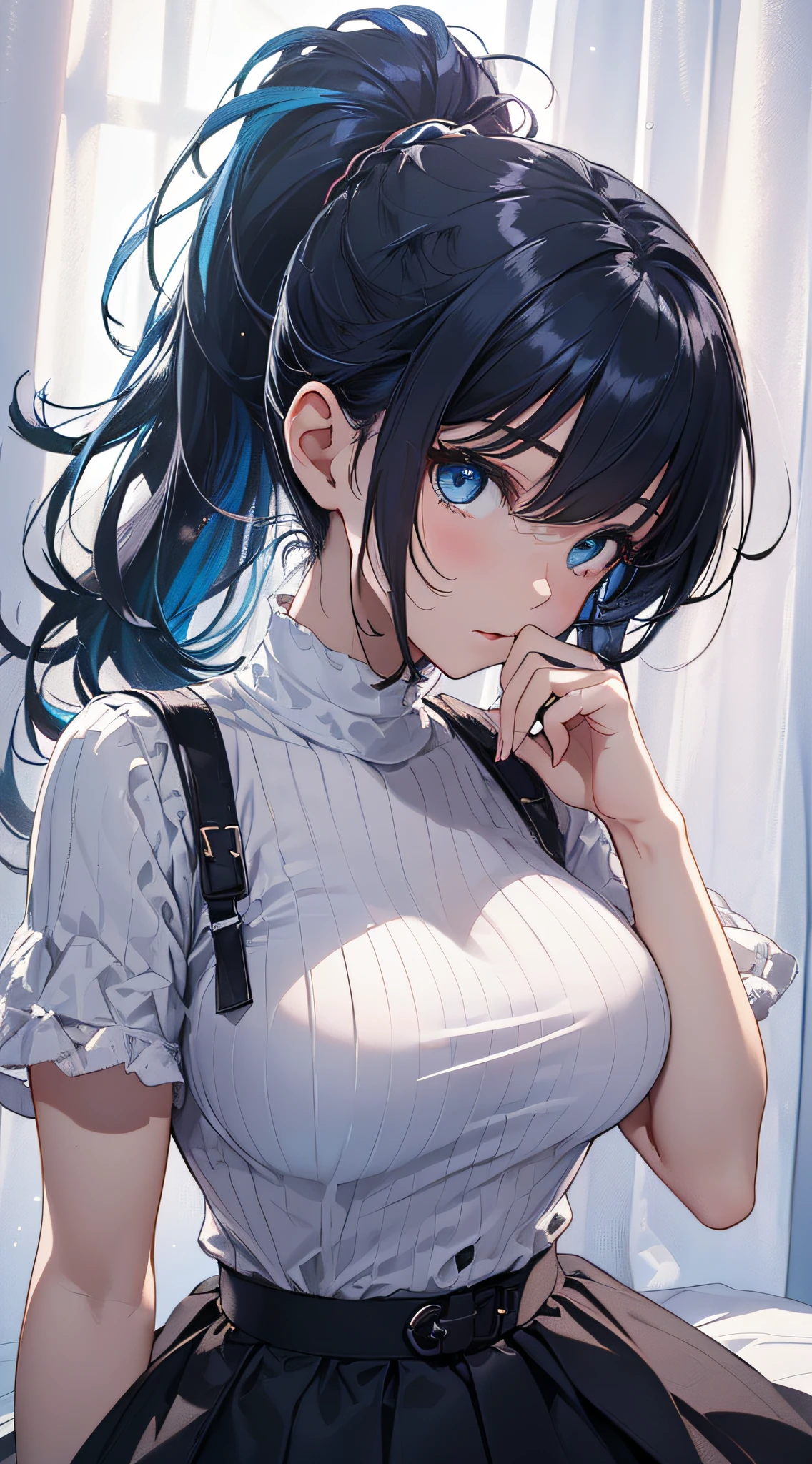 top-quality、Top image quality、​masterpiece、girl with((cute little、18year old、Best Bust、Medium bust、Bust 85,Beautiful blue eyes、Breasts wide open,Ponytail with black hair、A slender、Blue hair mesh、Beautiful white t-shirt、Beautiful black short skirt、piece sign、turned around)）hiquality、Beautiful Art、Background with((Large White Room、White curtains、White lighting)),masutepiece、Elaborate design、visualart、depth of fields、The best lighting、highestdetailed、8ｋ