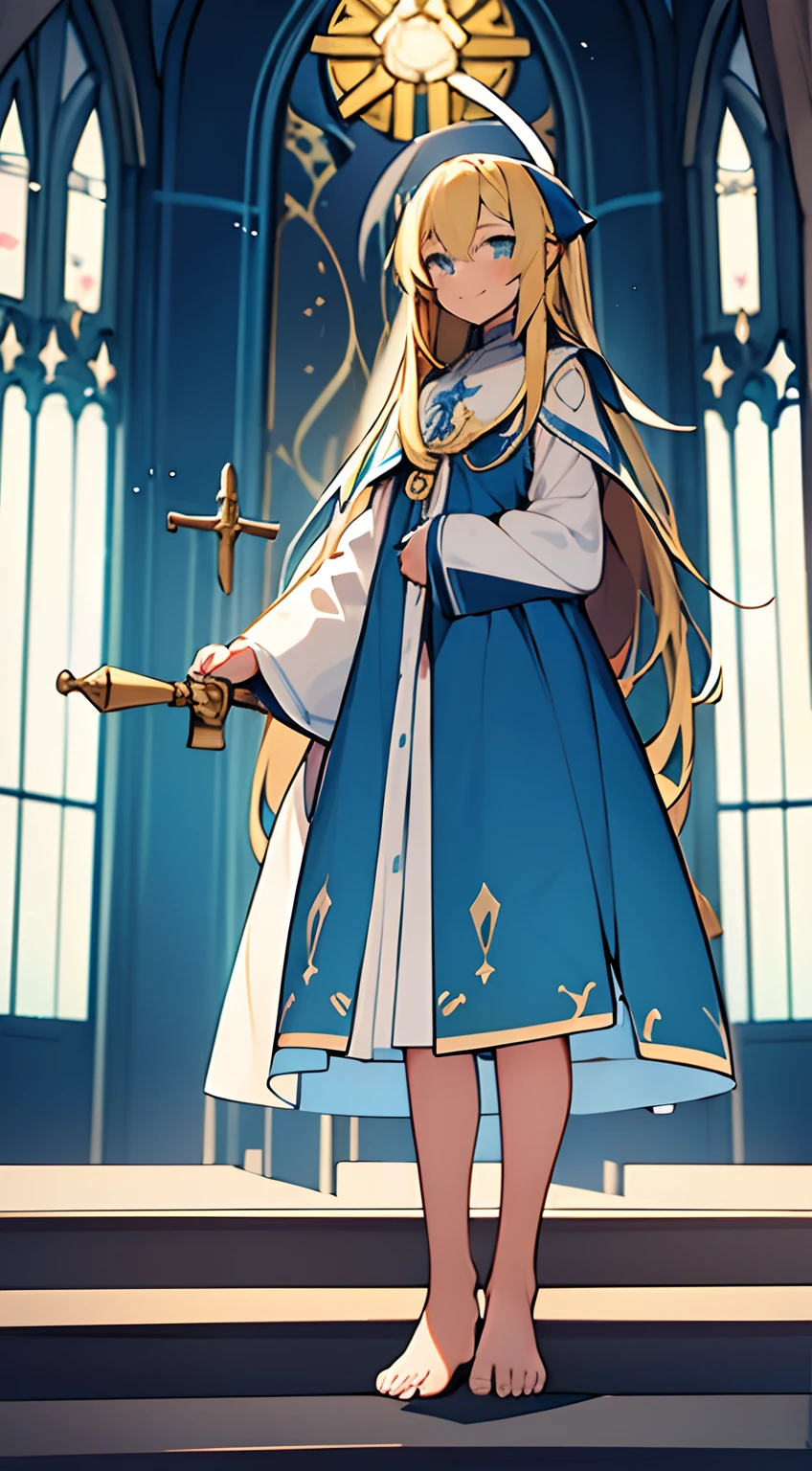 A girl with long blonde hair,Around 14 years old,Become a pastor of the church,Wearing a white robe,The clothes have a lot of blue and yellow tattoos,Very Christianized,Holding a staff in his right hand,Barefoot,ssmile,green pupills