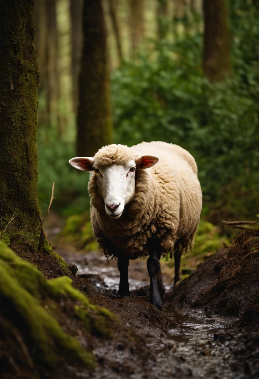 There is a sheep standing in the mud in the forest, vale encantado, exploitable image, bucolic, VOTO PACAL, Horror Vacui, Mesmo, Vanta Blac, Directed by: Maurice Esteve, Foto realista, Bussiere, St. Bure-Boke!!!!!!!, Saint Bure Boke, imagem muito clara, imagem viral. JEsus is at the bottom looking for this sheep