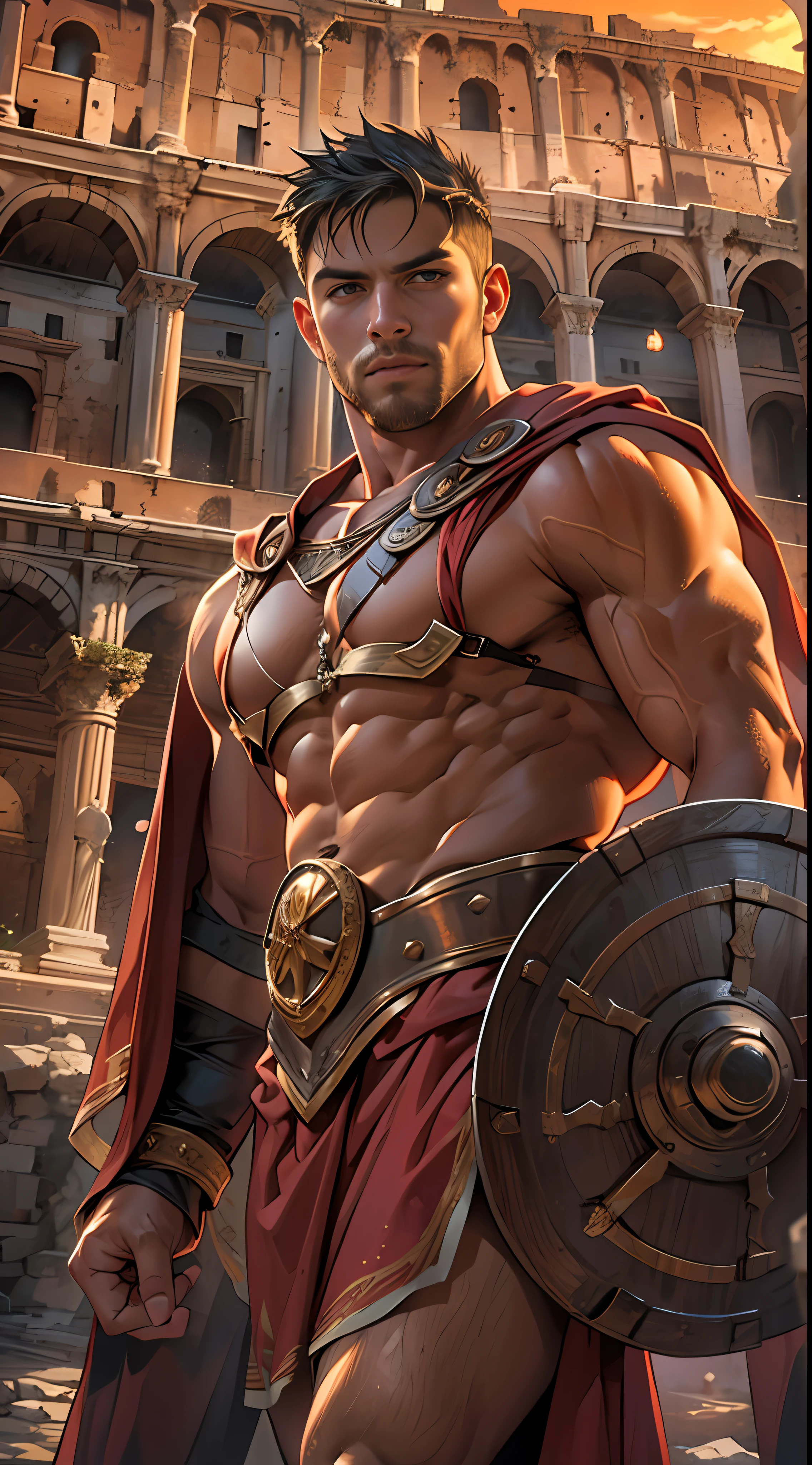 Mighty gladiator, chest uncovered, lower body revealed from thighs to feet, cascading long curls, detailed muscular physique, lifelike depiction, 4K resolution. Background: Colosseum during a spectacular sunset,32k uhd, best quality, masterpiece, super detail, high details