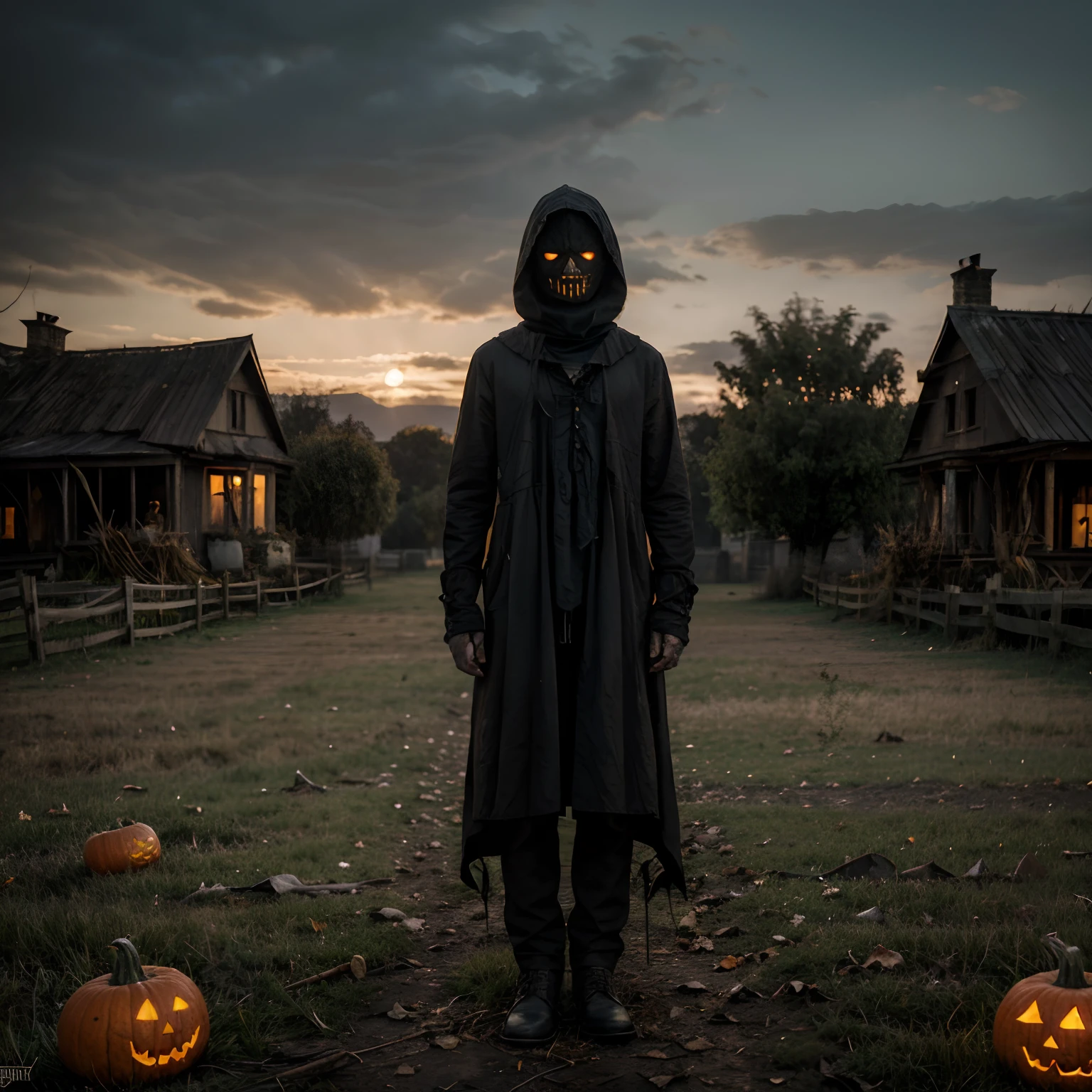 (best quality,4k,8k,highres,masterpiece:1.2),ultra-detailed,(realistic,photorealistic,photo-realistic:1.37),horror,creepy scarecrow,scary eyes,tattered clothes,twisted body and limbs,sinister smile,dark and gloomy atmosphere,haunted background,crows flying in the sky,moonlight shining on the scarecrow,fallen leaves scattered around,pumpkins at the scarecrow's feet,spooky shadows,hidden threats lurking in the background,menacing aura,horrifying presence,uncanny stillness,nightmare-inducing,gothic style.