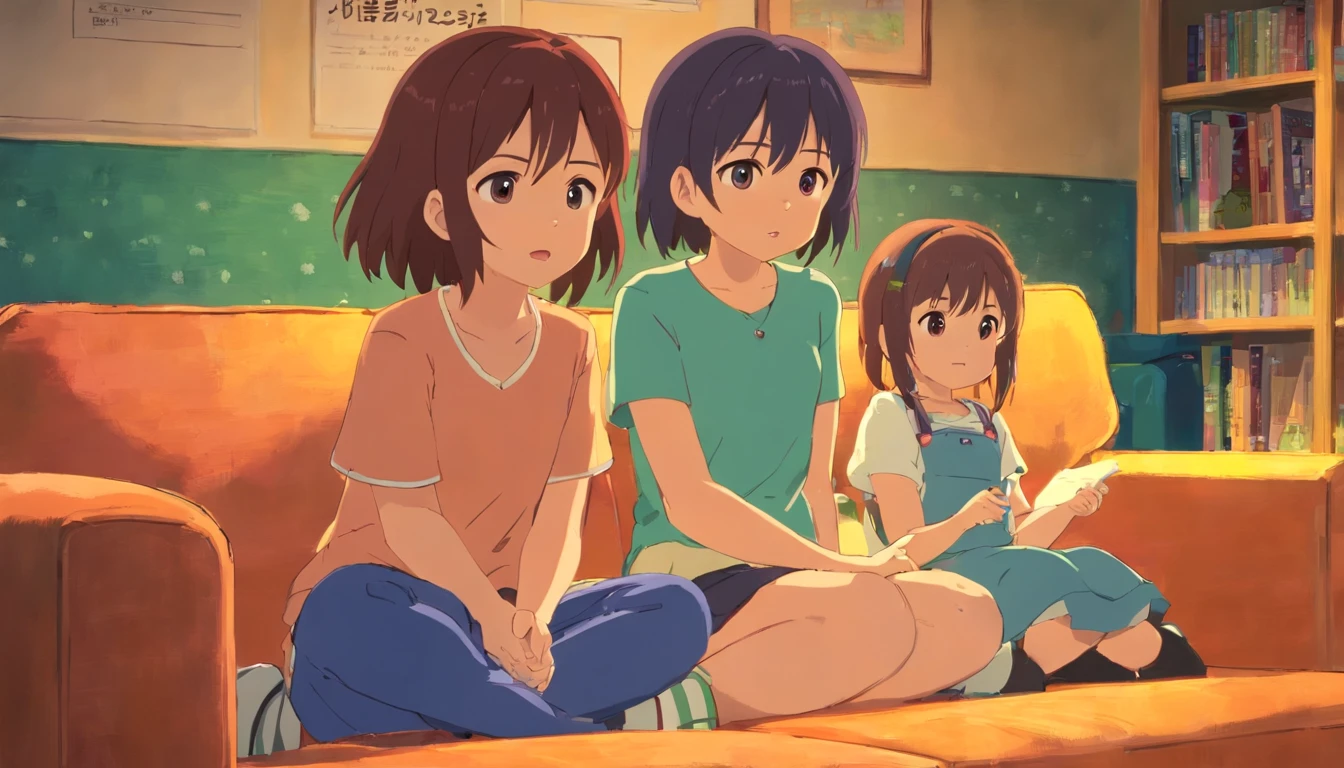 Two、Two girls sitting on the couch telling a story