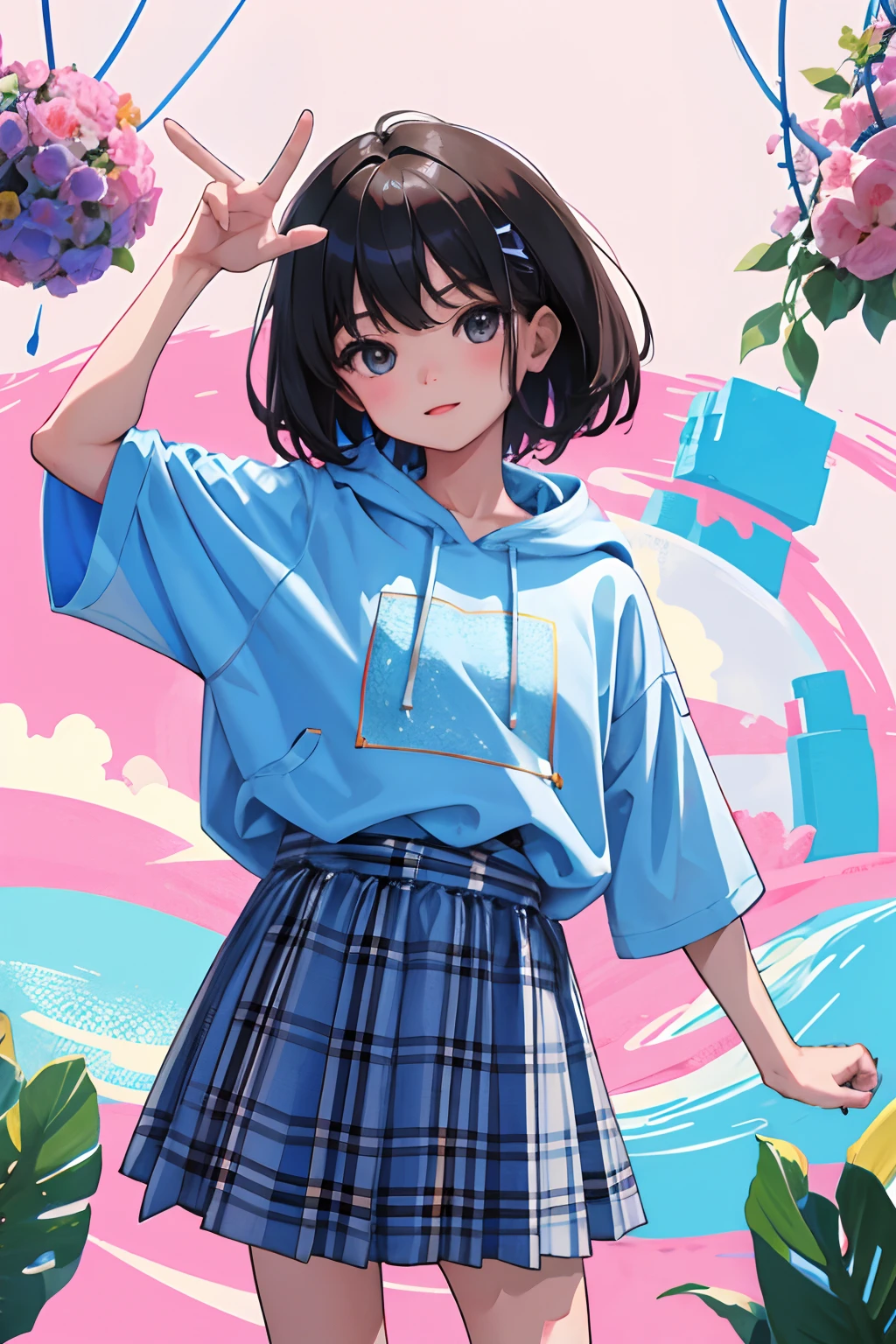 (child),(masterpiece,Highest Quality),Pastel hoodies with short sleeves,(gingham checked skirt),A dark-haired,Parallel worlds