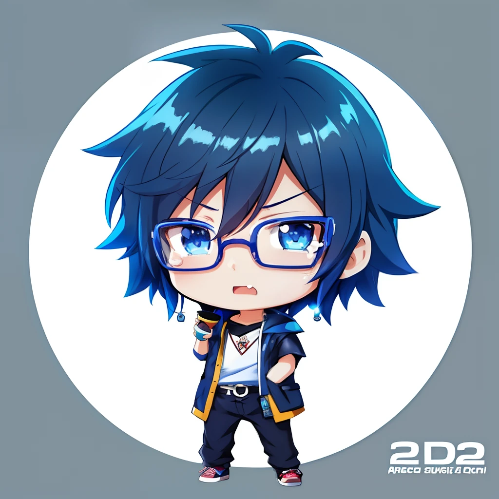 Anime boy with blue hair and glasses holding stickers, 2 d anime style, hero 2 d fanart artsation, Advanced Digital Chibi Art, anime moe art style, anime style character, cute character, Stylized anime, Anime Boy, anime stylized, Chibi Art, Anime style. 8K, 2 d illustration, 2D Illustration, MapleStory Depressed、tears、lamentation