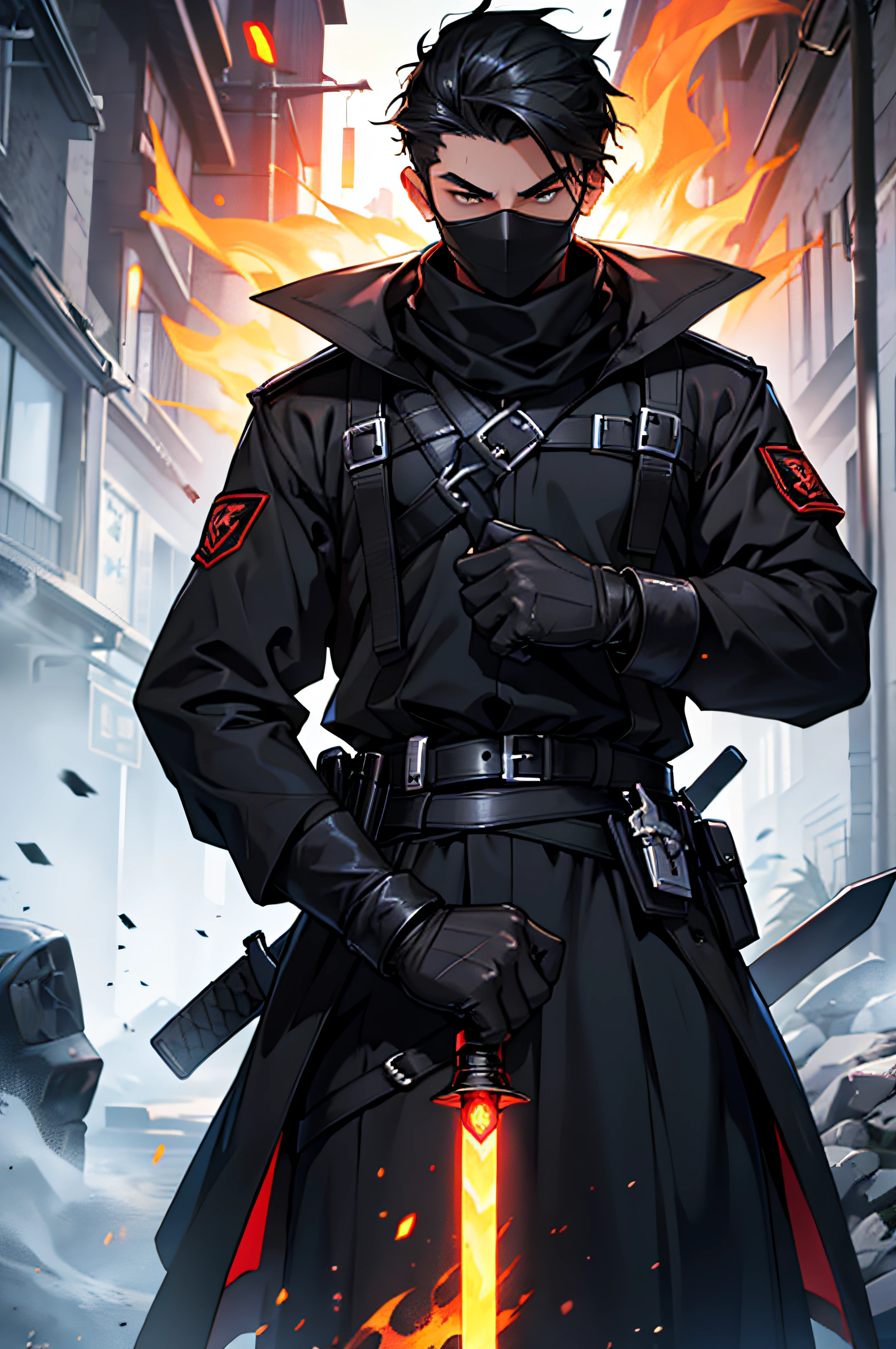 An 14 year old man Assassin Dressed in black with a black mask. face fully covered. with fire sword