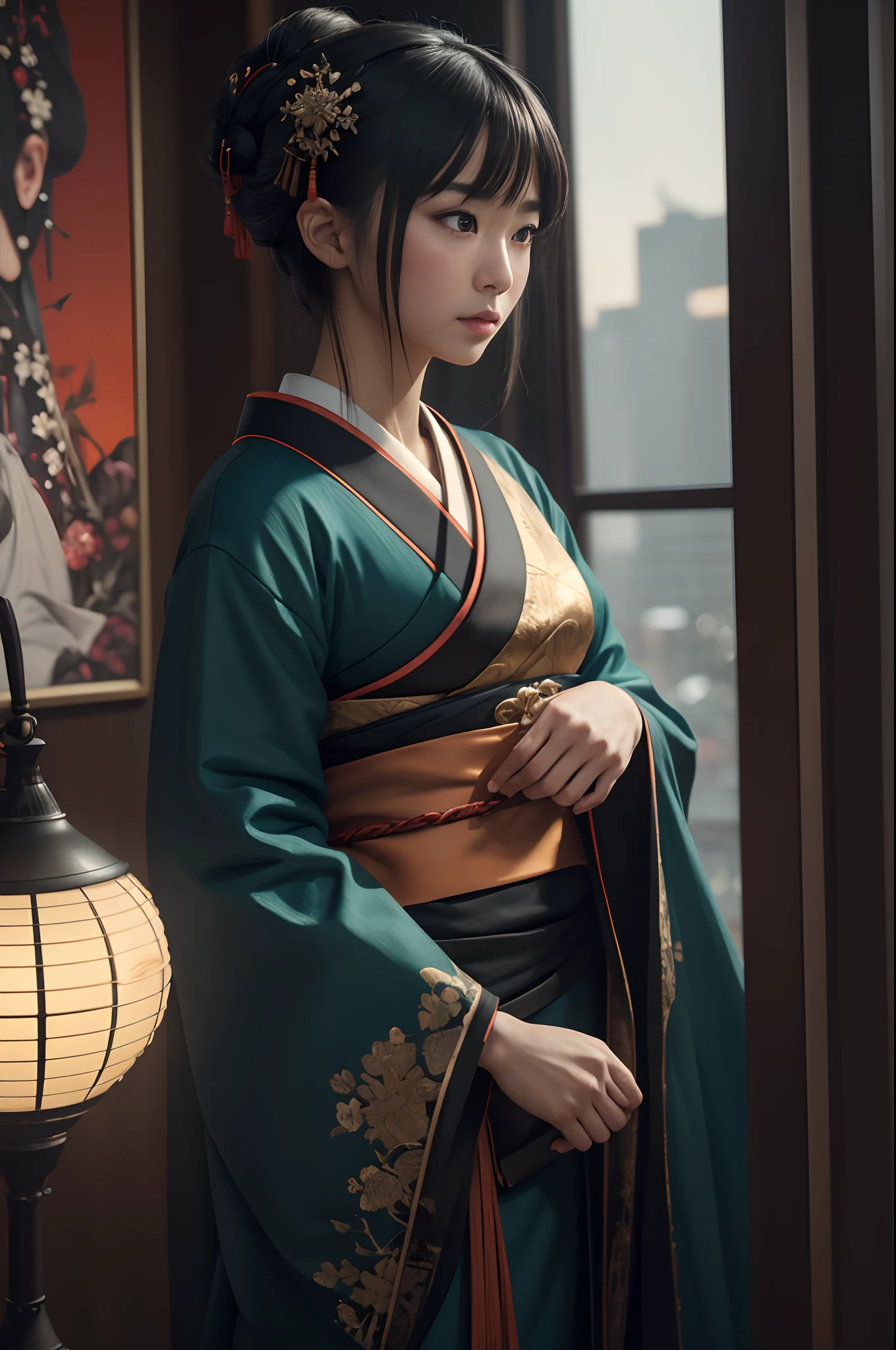 (dark shot:1.4), 80mm, (dark shot:1.4), 80mm, Magnificent Real, Geisha painting with European characteristics Downtown Japan, range murata, a big red sun in the background, A stunning, matted, paul gauguin, von gogh, Art by Greg Rutkowski and ArtGerm, Soft Cinematic Lights, adobe lightroom, photolab, HDR, intricately and hyper-detailed, (depth of fields:1.4), (dark shot:1.22), Neutral Color, (HDR:1.4), (Subdued Color:1.4), (Convoluted), (art stations:1.2), ultra-detailliert, Dramatic, intricate detailes, (technicolor:0.9), (rutkowski:0.8), cinematic, the detail, softlight, sharp, exposure blend, medium shot, Bokeh, (HDR:1.4), highcontrast, (cinematic, teal and orange:0.85), (Subdued Color, dim colors, Calm tones:1.3), low-saturation, (ultra-detailliert:1.2), (Noir:0.4), Soft light, sharp, exposure blend、medium shot、bokeh dof、(HDR:1.4)、highcontrast、(cinematic、Teal、an orange:0.85)、(Subdued Color、dim colors、Calm tones:1.3)、low-saturation、(Hyper-detailing:1.2)、(Noir:0.4)、(intricate detailes:1.12)、HDR、(intricate detailes、Hyper-detailing:1.15)