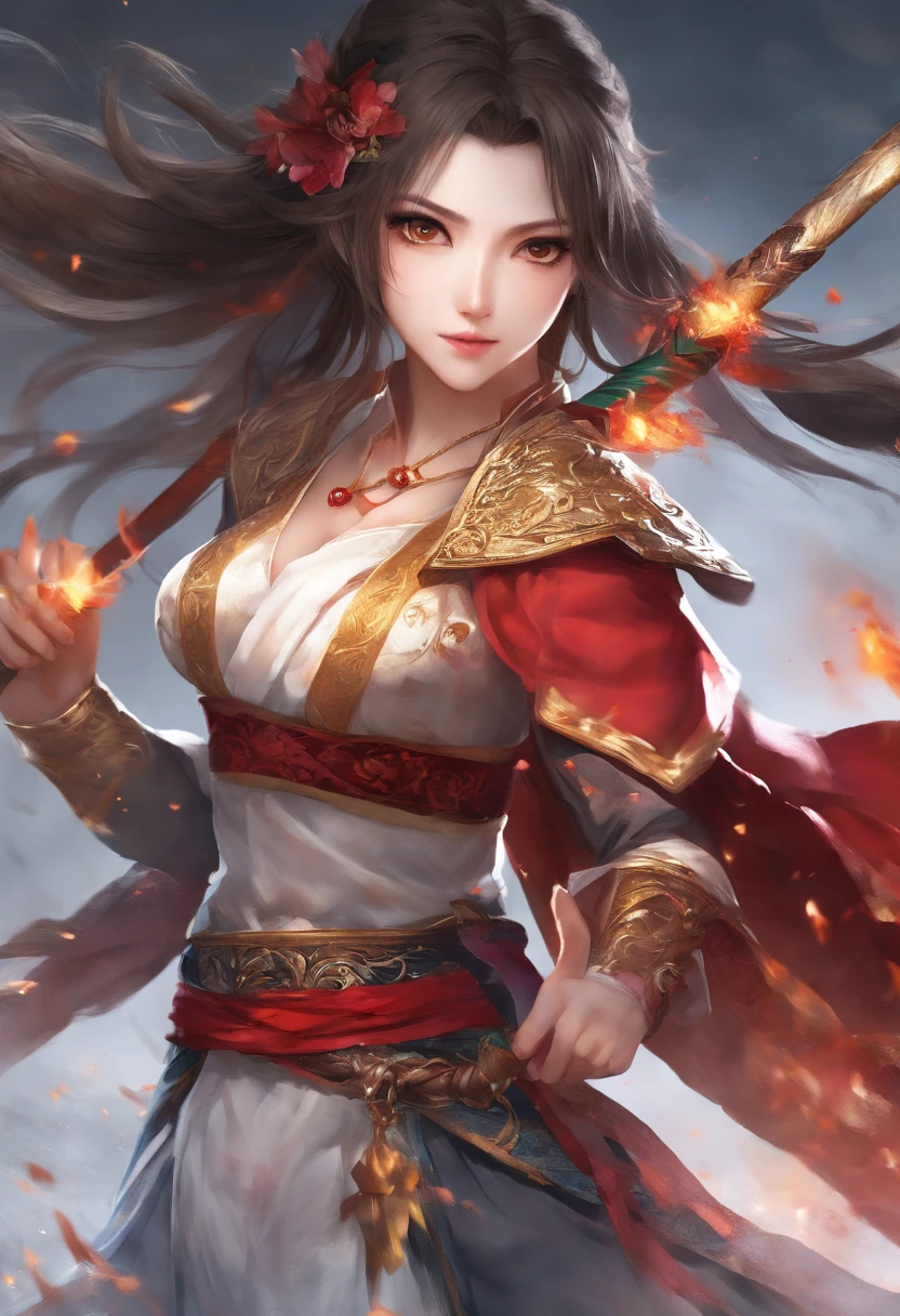 Best quality,masterpiece,ultra high res,(photorealistic:1.4),xiuxian,hyper-realistic fire effect,detailed face,
1girl,long sword,long hair,cleavage,high slit,(fiery aura:1.2),fire magic,beautiful girl,glowing eyes,full body,chinese architecture,heavy snow,combat,battlefield,blood-stained,heavy fighting in background,wuxia,