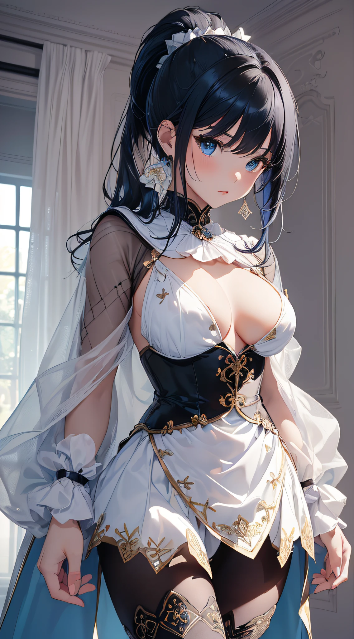 top-quality、Top image quality、masterpiece、girl with((cute little、18year old、Best Bust、Medium bust、Bust 85,Beautiful blue eyes、Breasts wide open,Ponytail with black hair、A slender、Blue hair mesh、Beautiful white full body tights、Beautiful black cloak、Black boots、piece sign、turned around、Niō Standing))hiquality、Beautiful Art、Background with((Large White Room、White curtains、White lighting)),masutepiece、Elaborate design、visualart、depth of fields、The best lighting、highestdetailed、8k
