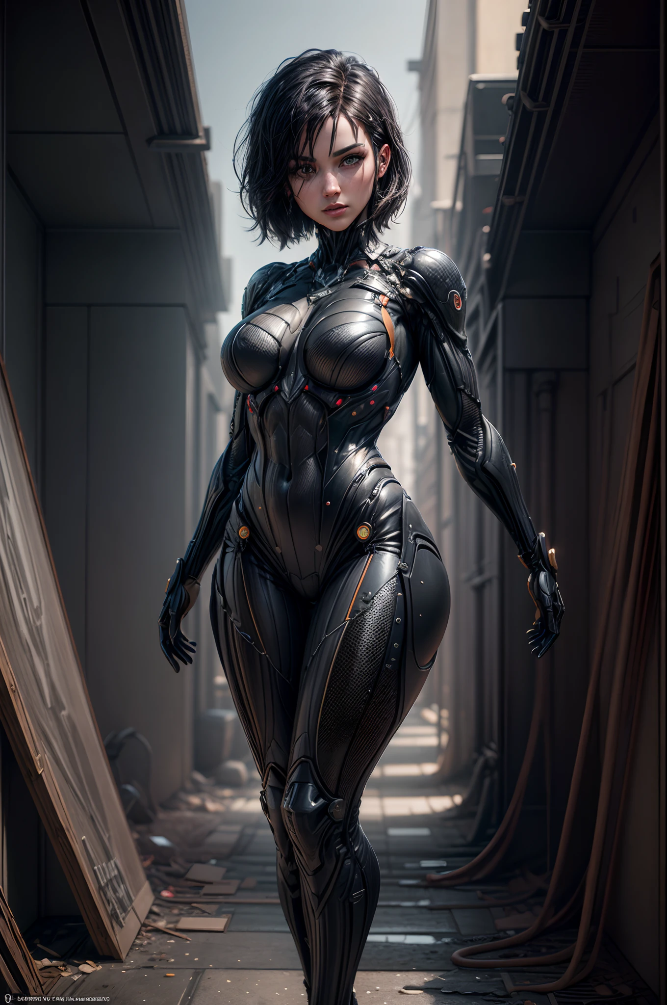((Best quality)), ((masterpiece)), (detailed:1.4), 3D, HDR (High Dynamic Range),Ray Tracing,NVIDIA RTX,Super-Resolution,Unreal 5,Subsurface scattering,PBR Texturing,Post-processing,Anisotropic Filtering,Depth-of-field,Maximum clarity and sharpness,Multi-layered textures,Albedo and Specular maps,Surface shading,Accurate simulation of light-material interaction,Perfect proportions,Octane Render,Two-tone lighting,Wide aperture,Low ISO,White balance,Rule of thirds,8K RAW, black latexsuit, beautiful, short black hair, blue eyes, curvy