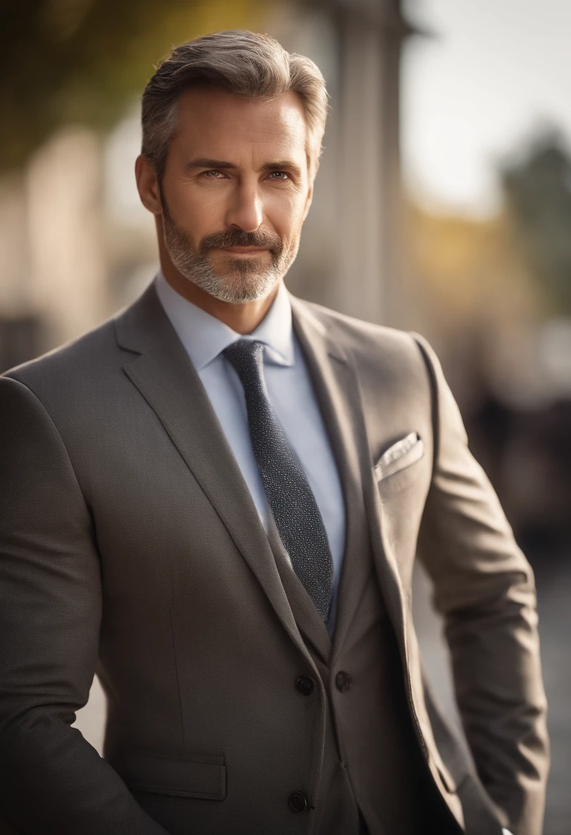 realistic portrait of middle-aged business professional, 110 pounds weight, professionally dressed in a suit and tie, high-quality, highest resolution, looking straight at the camera, professional, beautiful detailed eyes slightly brownish, beautiful detailed lips, short beard, short gray hair, kind expression, warm smile, distinguished look, proper lighting, plain background