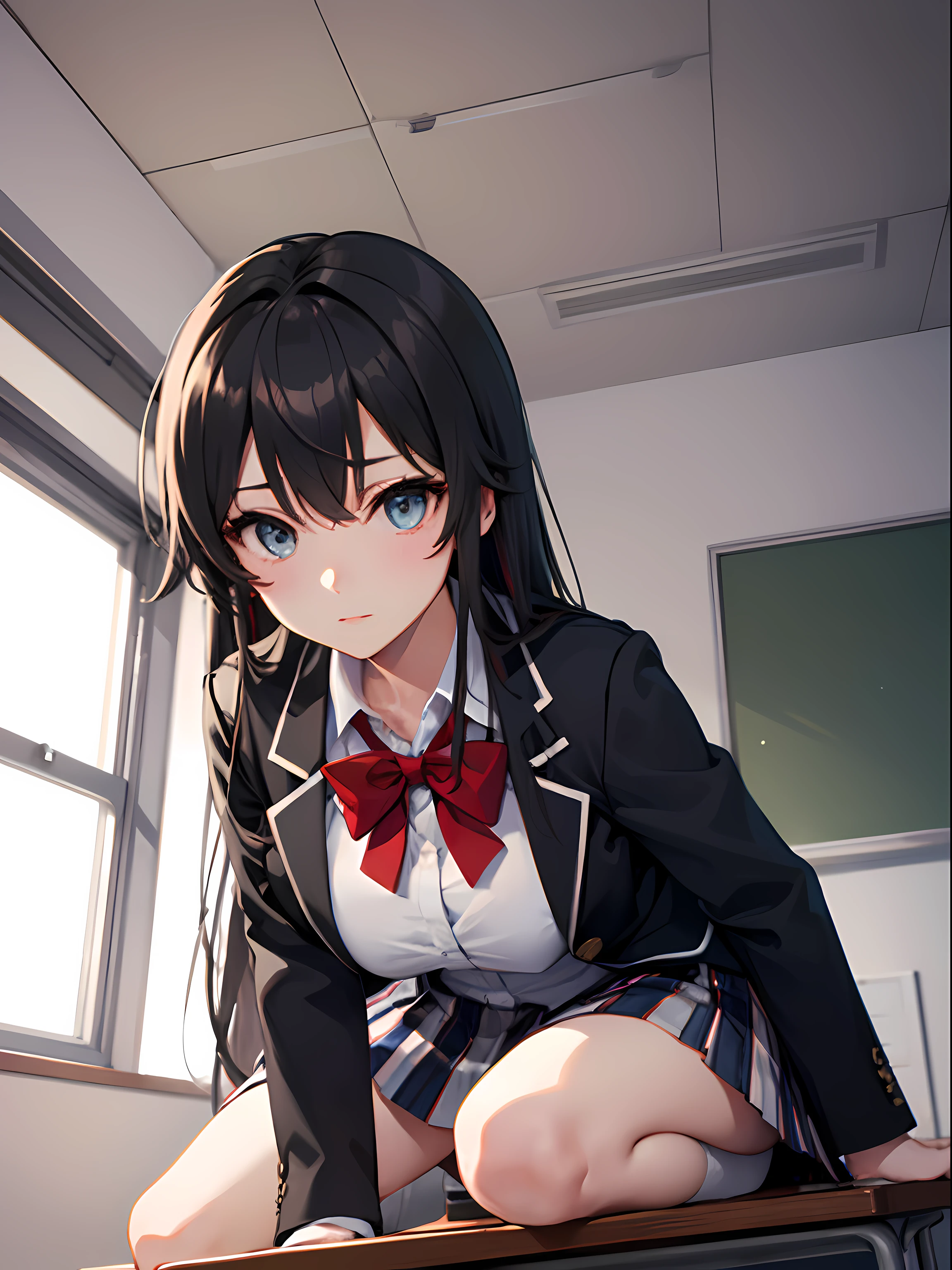 (masutepiece,Best Quality, Detailed), 1girl in, Solo Focus, day, real  face，sakurajima mai, garments(Y shirt，Black skirt，Black tights，lowfers，eye glass，)Sitting on a chair，Study at your desk