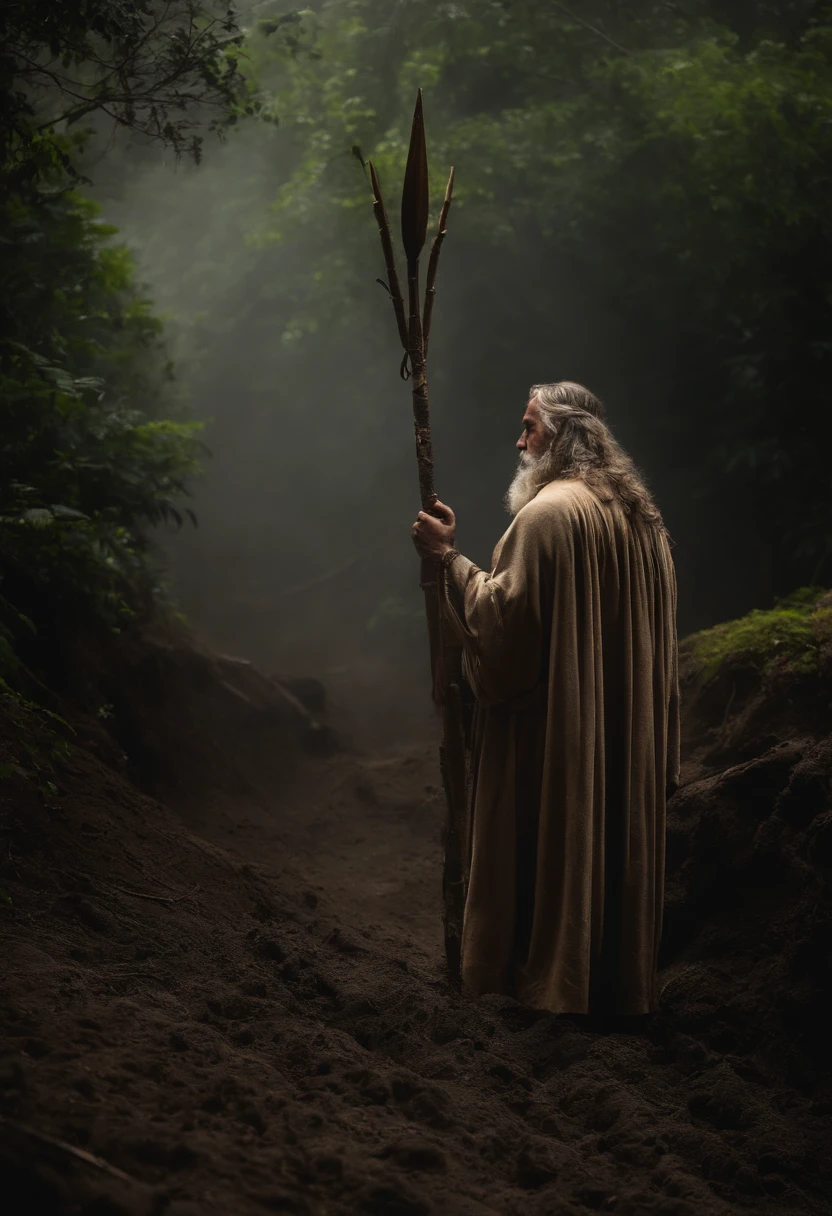 There is a sheep standing in the mud in the forest, Behind him is Jesus with a staff in his hand, procurando a ovelha, vale encantado, exploitable image, bucolic, VOTO PACAL, Horror Vacui, Mesmo, Vanta Blac, Directed by: Maurice Esteve, Foto realista, Bussiere, St. Bure-Boke!!!!!!, Saint Bure Boke, imagem muito clara, imagem viral.