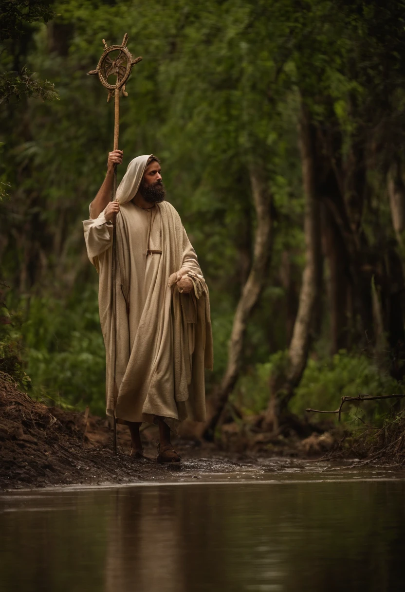There is a sheep standing in the mud in the forest, Behind him is Jesus with a staff in his hand, procurando a ovelha, vale encantado, exploitable image, bucolic, VOTO PACAL, Horror Vacui, Mesmo, Vanta Blac, Directed by: Maurice Esteve, Foto realista, Bussiere, St. Bure-Boke!!!!!!, Saint Bure Boke, imagem muito clara, imagem viral.