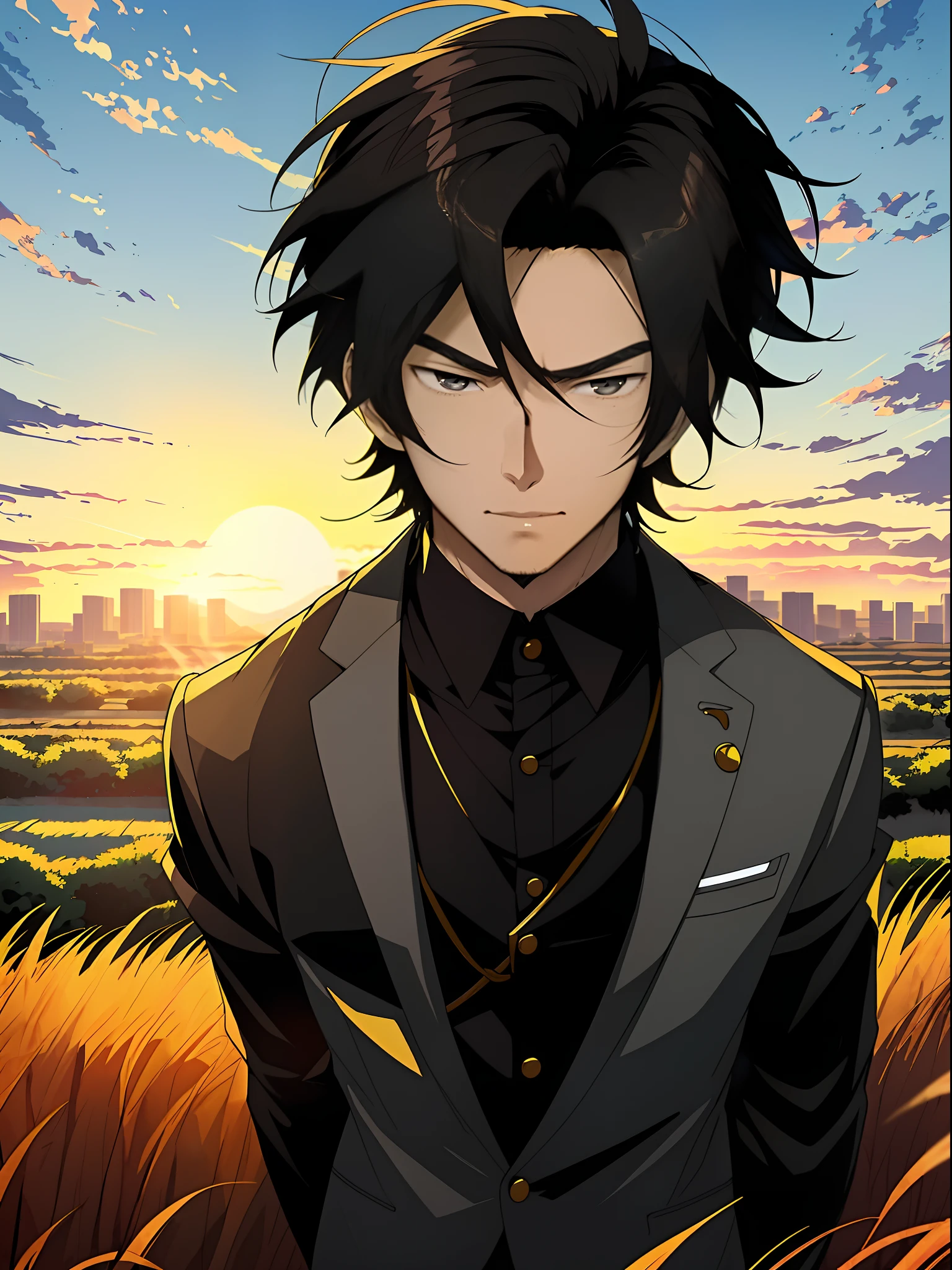 Anime boy in rye field with sunset background, Anime handsome man,Short black hair,Black eyes,Black clothes, Anime portrait of a handsome man, Official illustration, offcial art, young anime man, Key anime art, Smooth anime CG art, Handsome anime pose