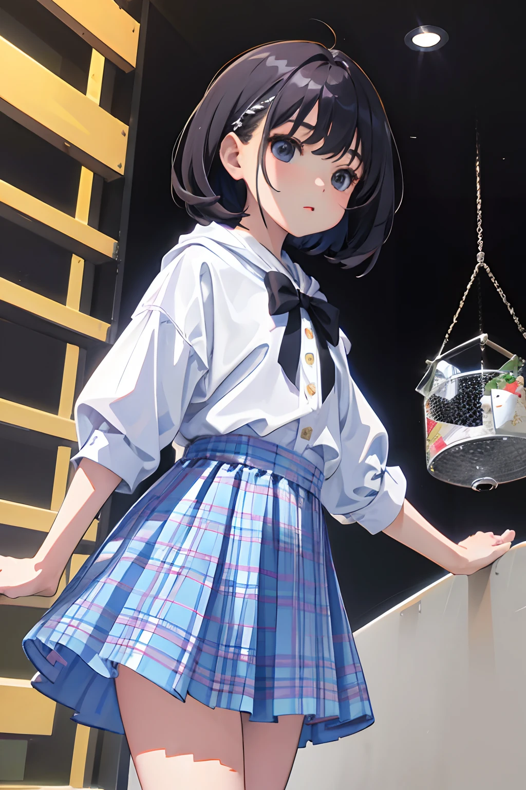 (child),(masterpiece,Highest Quality),Pastel hoodies with short sleeves,(gingham checked skirt),A dark-haired,Parallel worlds
