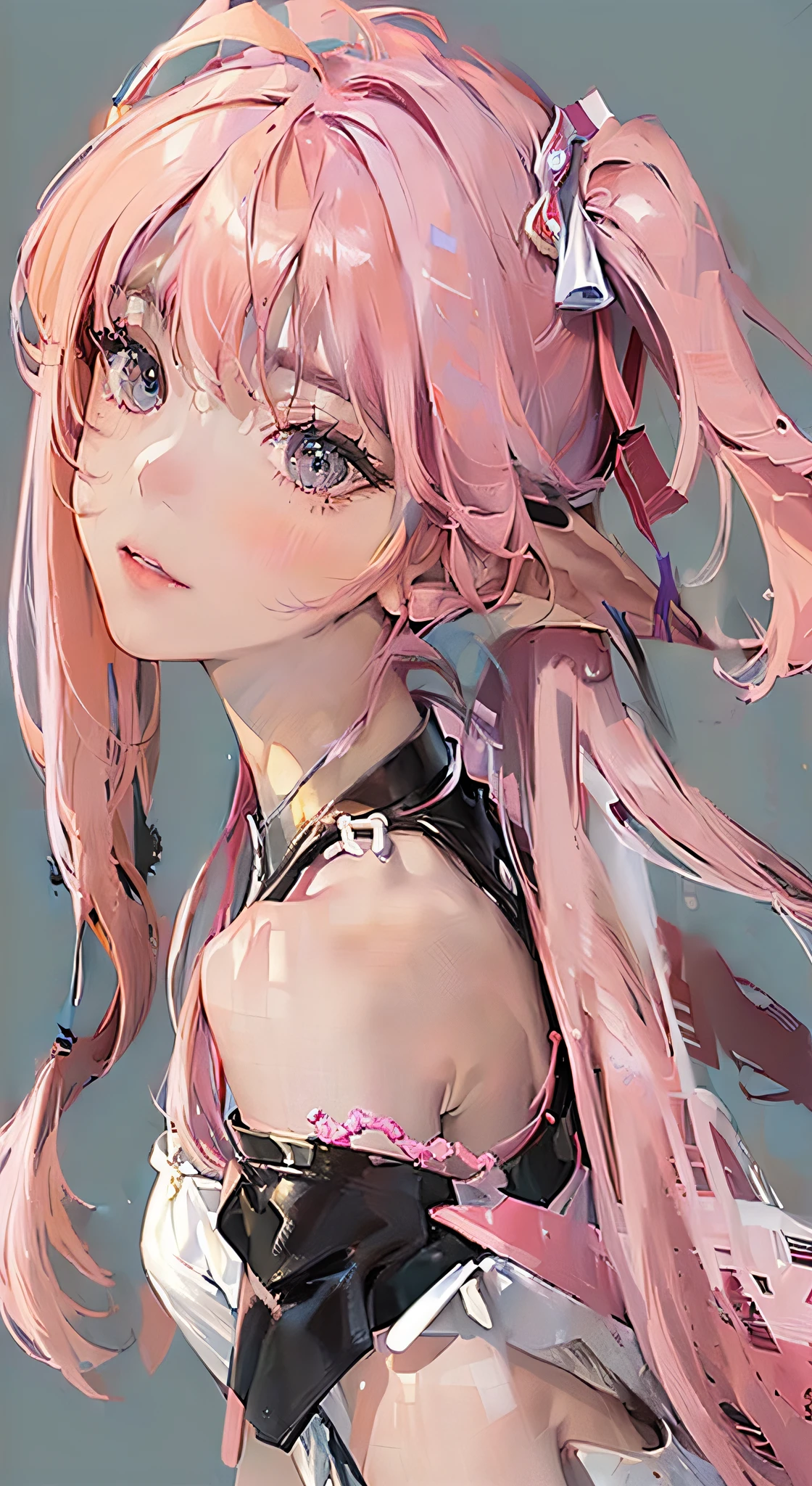 (masterpiece、top-quality、top-quality、Official Art、aesthetics:1.2)、(1 Beautiful Slave:1.3)、(Slave collar:1.3) (long pink hair、poneyTail) (kneeking、:1.2) (fullnude)、Square background、marbled、close up of face、close up of face