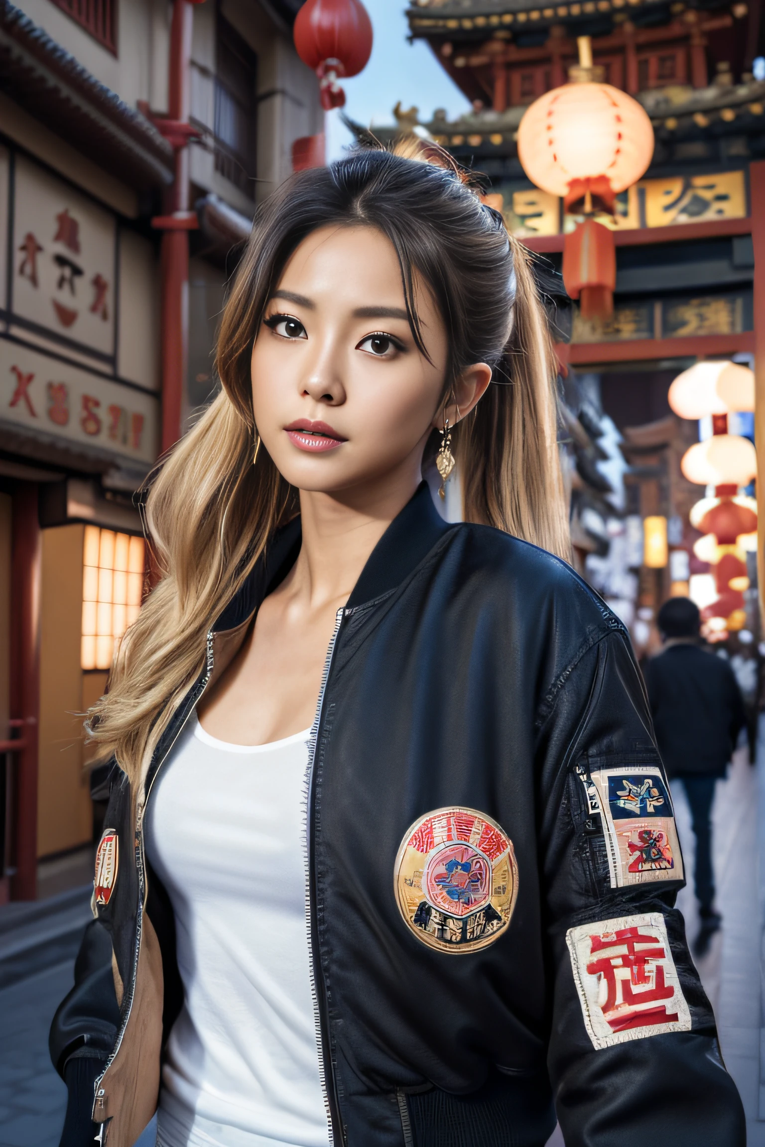 (masterpiece:1.2), ultra detailed, ultra high res, (realistic, photo realistic:1.37), high detail RAW color photo, professional photograph, an extremely delicate and beautiful, extremely detailed, finely detail, huge file size, extremely detailed beautiful girl, extremely detailed face, extremely detailed eyes, extremely detailed skin, extremely detailed nose, extremely detailed mouth, perfect anatomy, highly detailed background, shiny skin, (Japanese famous actress:1.5), (gyaru:1.25), flat chest, (brown race, dark skin, blond hair), (ponytail), cinematic lighting, (any Pose:1.3), (from below), denim pants, (wearing black air bomber jacket with many patches:1.3), (chinatown:1.45),