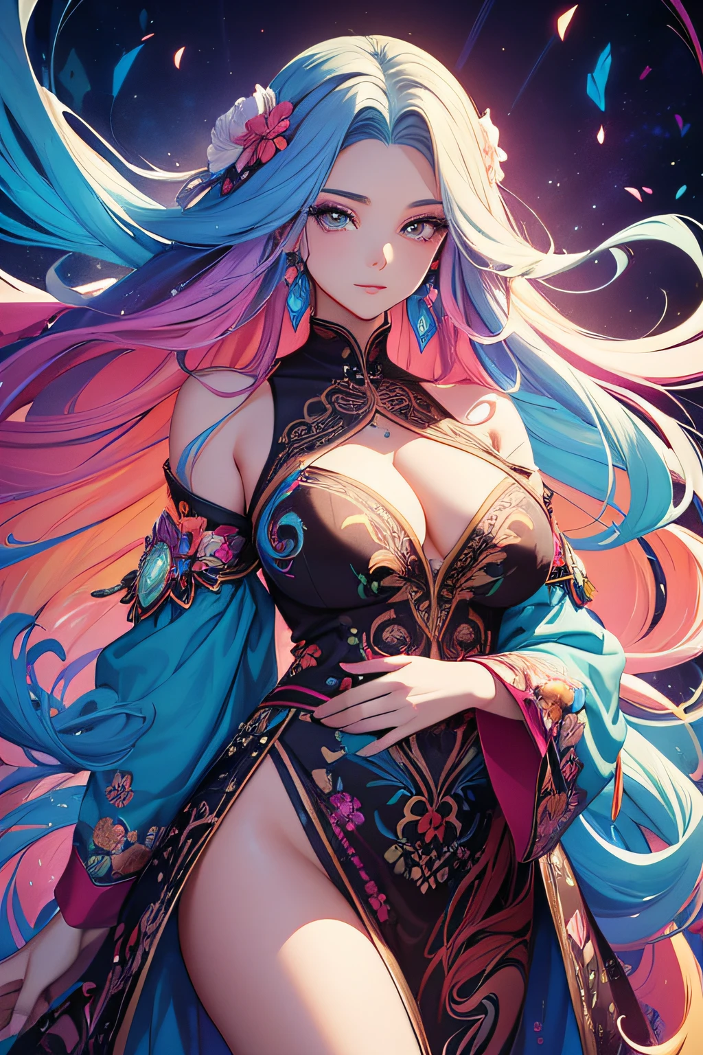 a painting of a woman with long hair and colorful hair, beautiful digital illustration, stunning digital illustration, gorgeous digital art, a beautiful artwork illustration, beautiful digital artwork, beautiful digital art, exquisite digital illustration, intricate digital painting, very beautiful digital art, vibrant digital painting, beautiful gorgeous digital art, psychedelic flowing hair, colorful digital painting, inspiring digital art, stylized digital art