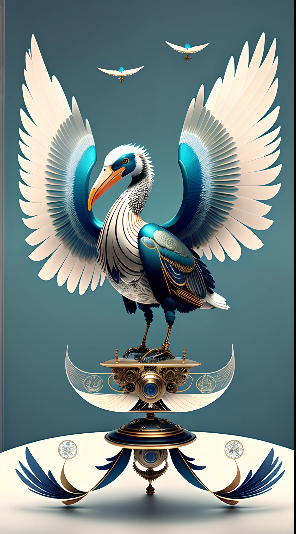 (Robotic pelicans spread their wings and fly high,Fly high by the sea),( Metal feathers and transparent gear mechanism,),Machine wings,earnst haeckel, James Jean. generative art, baroque, Intricate patterns, Fracturism, cinematic Film still from, Photorealistic, Intricate, elegant, Highly detailed, Digital painting, art stations, smooth, Sharp focus, outrun, vaporware,Side view