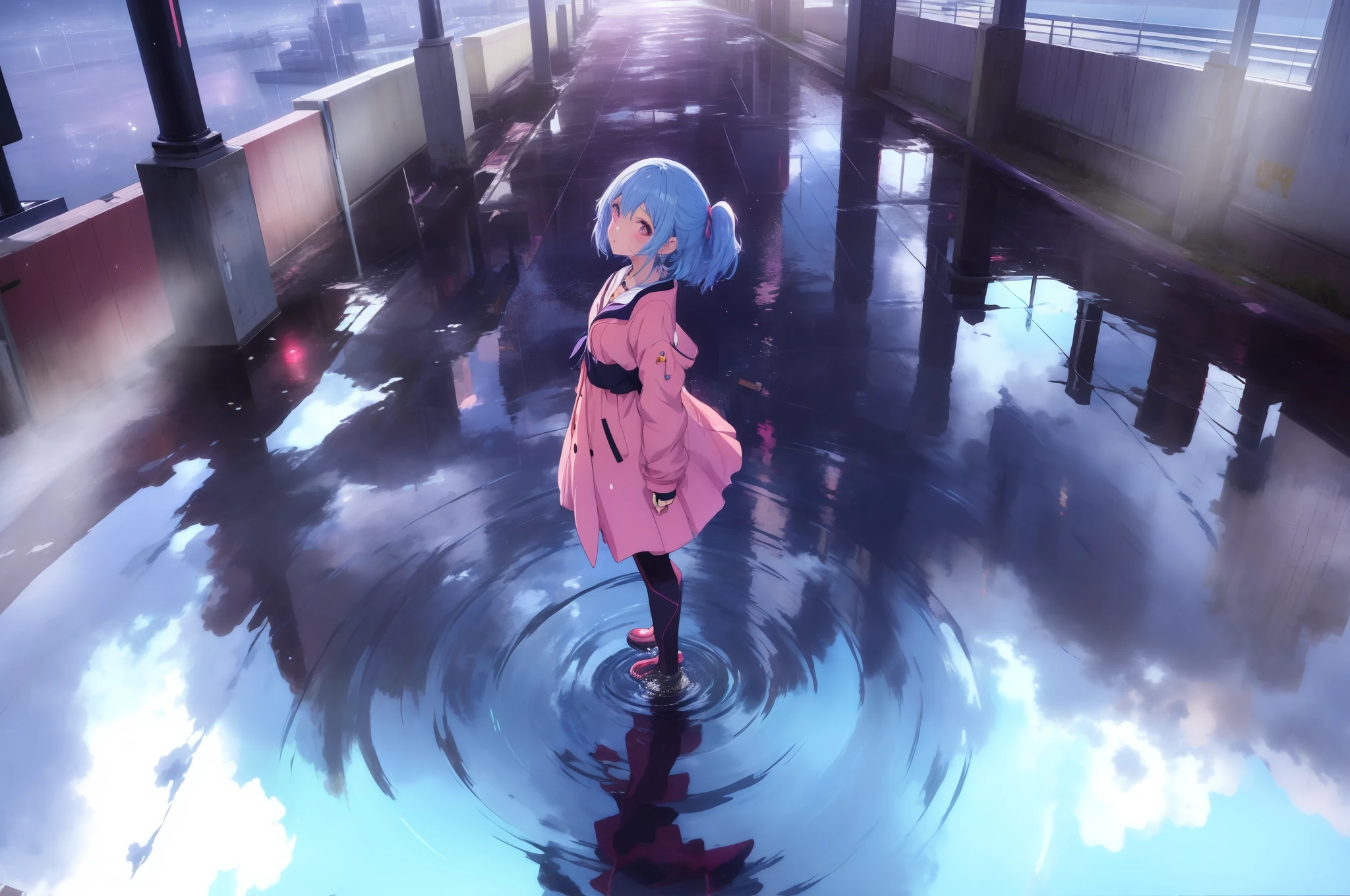 anime girl standing in a puddle of water in a city, anime girl walking on water, 4k anime wallpaper, anime style 4 k, anime art wallpaper 8 k, anime art wallpaper 4k, anime art wallpaper 4 k, best anime 4k konachan wallpaper, rainy day. game render, guweiz on artstation pixiv