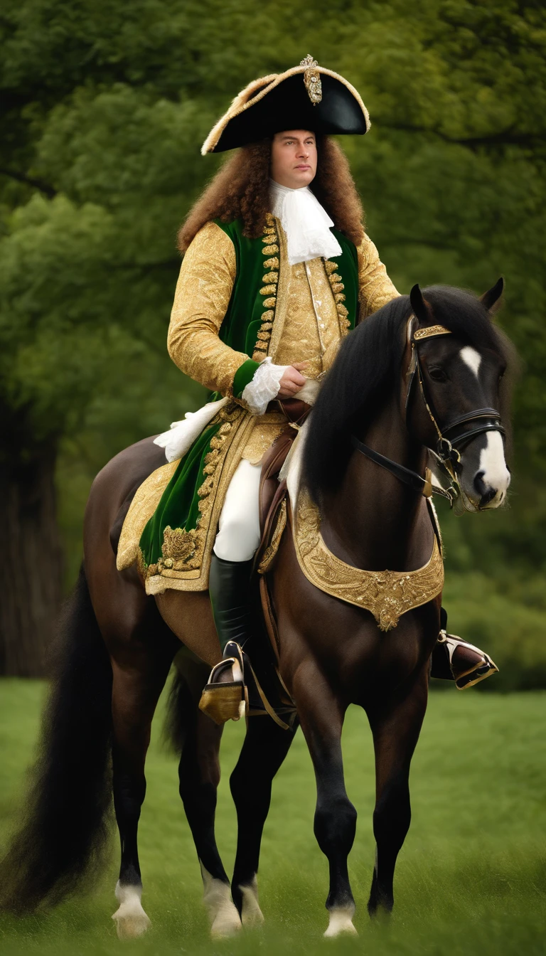 17th century King Louis XIV dressed in royal clothes sitting on a horse in a green field, full figure, in the style of photorealistic detailing, brushwork exploration, flickr, photorealistic renderings, white and gold, glamour, lights, pseudo-realistic --ar 9:16