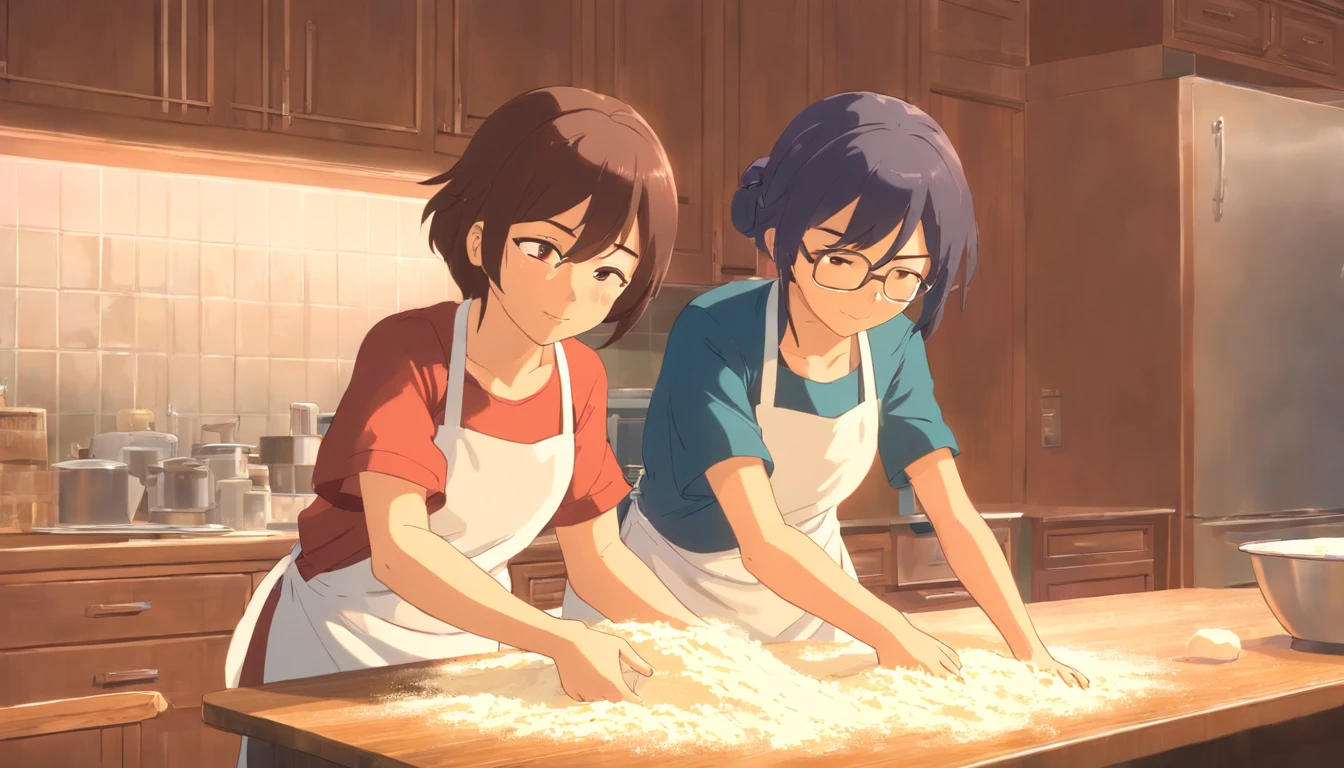 Two girls kneading flour in the kitchen
