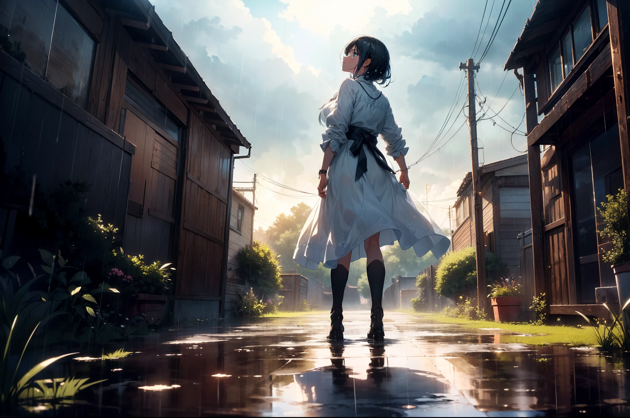 1 girl, character focus,cinematic angle, cowboy shot, from behind , standing on puddle, ((looking up sky)), (looking away), (( Expressionless)),((rain)),cinematic lighting, wet,high resolution,(incredibly absurdres), (hires.fix:1.3),anime visual,ultra detailed CG unity 8k wallpaper, ((masterpiece)), ((top-quality)), (beautiful illustration), ((an extremely delicate and beautiful)),((realistic))