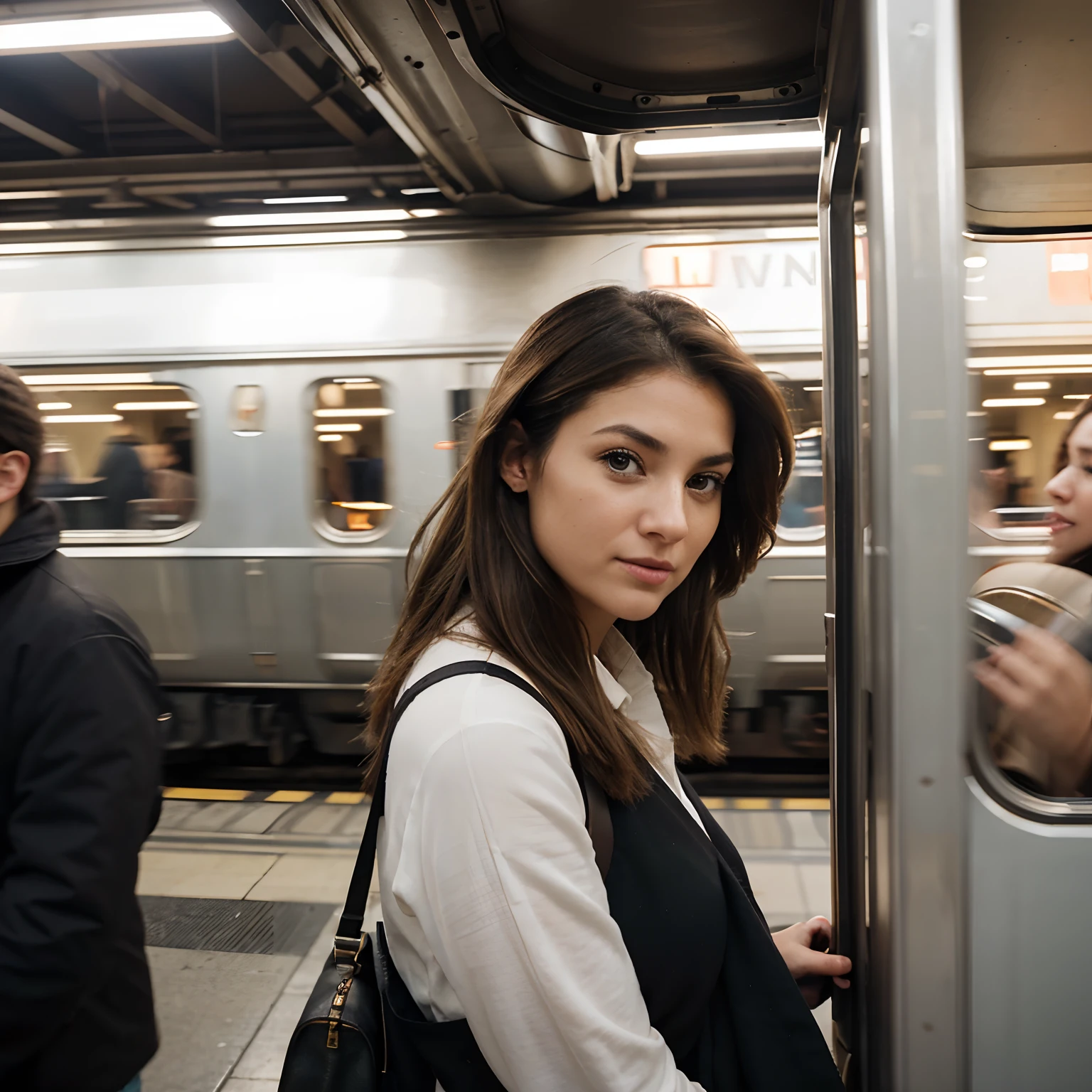 Capture the essence of a spontaneous moment with a dynamic photograph of a beautiful 30-year-old woman with flowing brown hair as she hurries to catch a train. The shot should convey the palpable sense of rush and urgency as she moves swiftly through the bustling train station. Utilize high-speed shutter to freeze the motion and emphasize her determination. Employ a natural, ambient lighting scheme to highlight her natural beauty. Choose a color palette inspired by urban vibrancy and motion. Utilize a DSLR camera with a fast prime lens to create a sharp, focused image, using a wide-angle shot that accentuates the surroundings and conveys the feeling of the busy station.