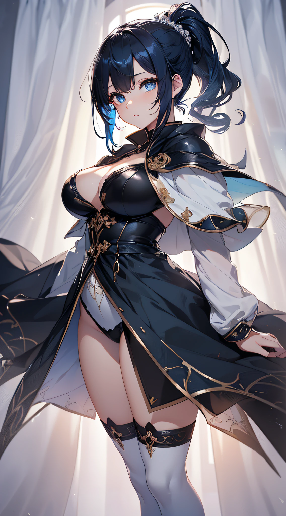 top-quality、Top image quality、​masterpiece、girl with((cute little、18year old、Best Bust、Medium bust、Bust 85,Beautiful blue eyes、Breasts wide open,Ponytail with black hair、A slender、Blue hair mesh、Beautiful white full body tights、Beautiful black cloak、Black boots、piece sign、turned around、Niō Standing)）hiquality、Beautiful Art、Background with((Large White Room、White curtains、White lighting)),masutepiece、Elaborate design、visualart、depth of fields、The best lighting、highestdetailed、8ｋ