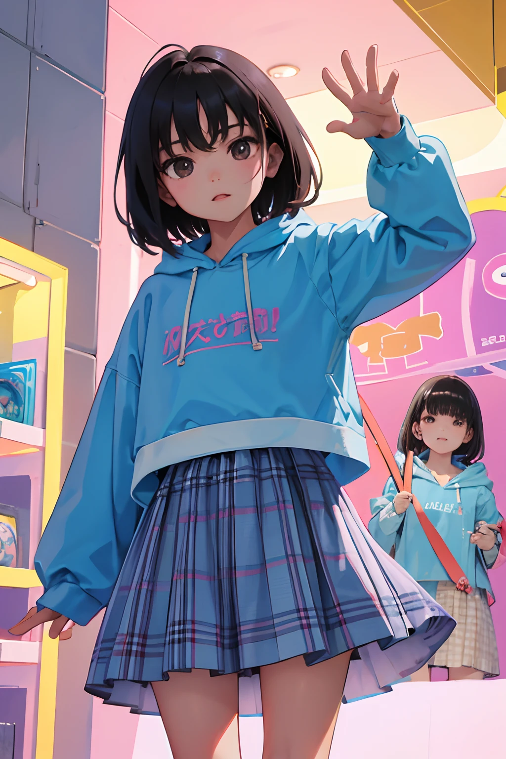 (),(masterpiece,Highest Quality),Pastel hoodie with short sleeves,(gingham checked skirt),A dark-haired,Mysterious world