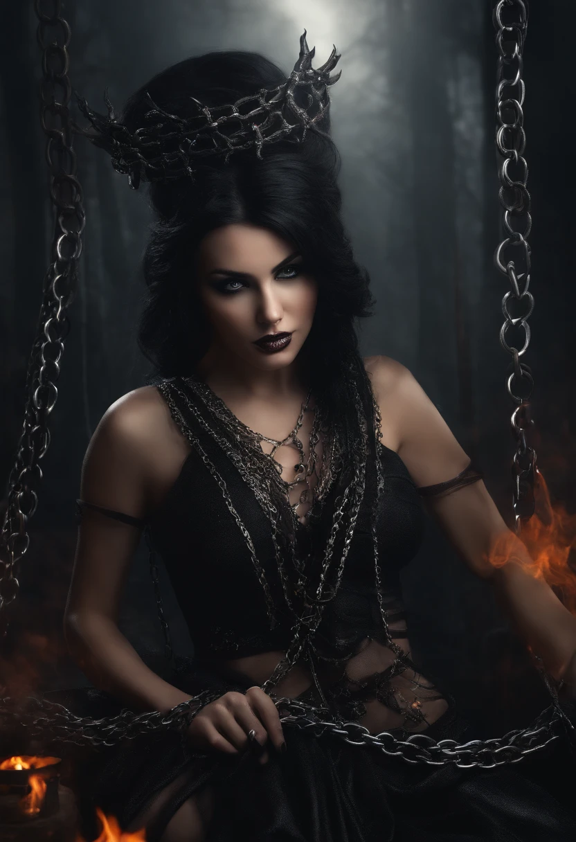 hot fantasy girl, black hair, wrapped in metal chains, dark, realistic, real, high quality, witch, devil, hell, sexy