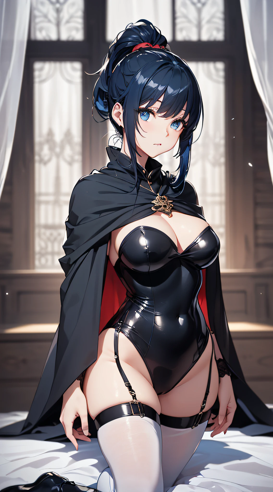 top-quality、Top image quality、​masterpiece、girl with((cute little、18year old、Best Bust、Medium bust、Bust 85,Beautiful blue eyes、Breasts wide open,Ponytail with black hair、A slender、Blue hair mesh、Beautiful white full body tights、Beautiful black cloak、Black boots、piece sign、turned around、Niō Standing)）hiquality、Beautiful Art、Background with((Large White Room、White curtains、White lighting)),masutepiece、Elaborate design、visualart、depth of fields、The best lighting、highestdetailed、8ｋ