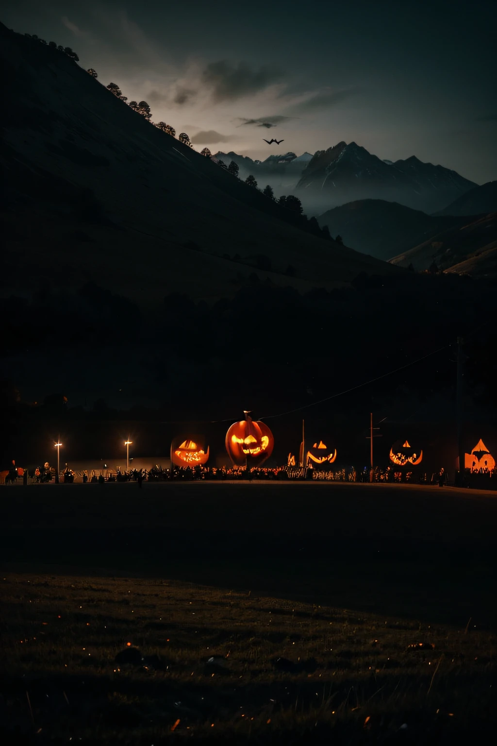 Max quality picture, game logo, cinematic, dramatic, dark light,Halloween scenes, landscape : the crowed with halloween costumes
