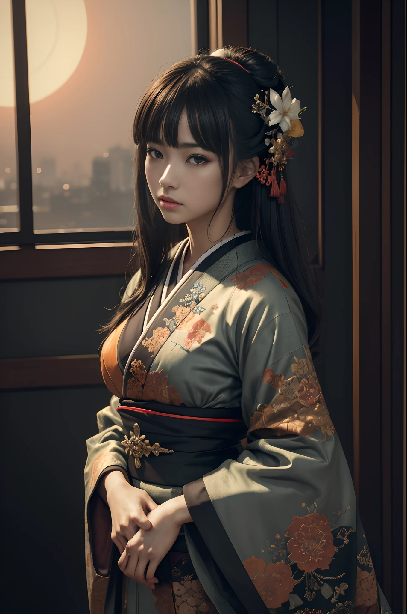 (dark shot:1.4), 80mm, (dark shot:1.4), 80mm, Magnificent Real, Geisha painting with European features Enter the downtown area of Japan, Red and white kimono,range murata, a big red sun in the background, A stunning, matted, paul gauguin, von gogh, Art by Greg Rutkowski and ArtGerm, Soft Cinematic Lights, adobe lightroom, photolab, HDR, intricately and hyper-detailed, (depth of fields:1.4), (dark shot:1.22), Neutral Color, (HDR:1.4), (Subdued Color:1.4), (Convoluted), (art stations:1.2), ultra-detailliert, Dramatic, intricate detailes, (technicolor:0.9), (rutkowski:0.8), cinematic, the detail, softlight, sharp, exposure blend, medium shot, Bokeh, (HDR:1.4), highcontrast, (cinematic, teal and orange:0.85), (Subdued Color, dim colors, Calm tones:1.3), low-saturation, (ultra-detailliert:1.2), (Noir:0.4), Soft light, sharp, exposure blend、medium shot、bokeh dof、(HDR:1.4)、highcontrast、(cinematic、Teal、an orange:0.85)、(Subdued Color、dim colors、Calm tones:1.3)、low-saturation、(Hyper-detailing:1.2)、(Noir:0.4)、(intricate detailes:1.12)、HDR、(intricate detailes、Hyper-detailing:1.15)