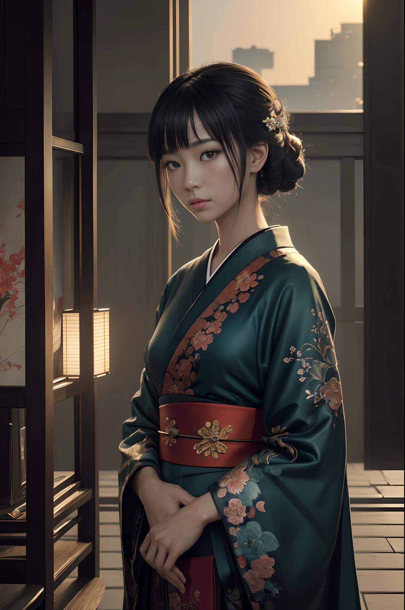 (dark shot:1.4), 80mm, (dark shot:1.4), 80mm, Magnificent Real, Geisha painting with European features Enter the downtown area of Japan, Red and white kimono,range murata, a big red sun in the background, A stunning, matted, paul gauguin, von gogh, Art by Greg Rutkowski and ArtGerm, Soft Cinematic Lights, adobe lightroom, photolab, HDR, intricately and hyper-detailed, (depth of fields:1.4), (dark shot:1.22), Neutral Color, (HDR:1.4), (Subdued Color:1.4), (Convoluted), (art  stations:1.2), ultra-detailliert, Dramatic, intricate detailes, (technicolor:0.9), (rutkowski:0.8), cinematic, the detail, softlight, sharp, exposure blend, medium shot, Bokeh, (HDR:1.4), highcontrast, (cinematic, teal and orange:0.85), (Subdued Color, dim colors, Calm tones:1.3), low-saturation, (ultra-detailliert:1.2), (Noir:0.4), Soft light, sharp, exposure blend、medium shot、bokeh dof、(HDR:1.4)、highcontrast、(cinematic、Teal、an orange:0.85)、(Subdued Color、dim colors、Calm tones:1.3)、low-saturation、(Hyper-detailing:1.2)、(Noir:0.4)、(intricate detailes:1.12)、HDR、(intricate detailes、Hyper-detailing:1.15)