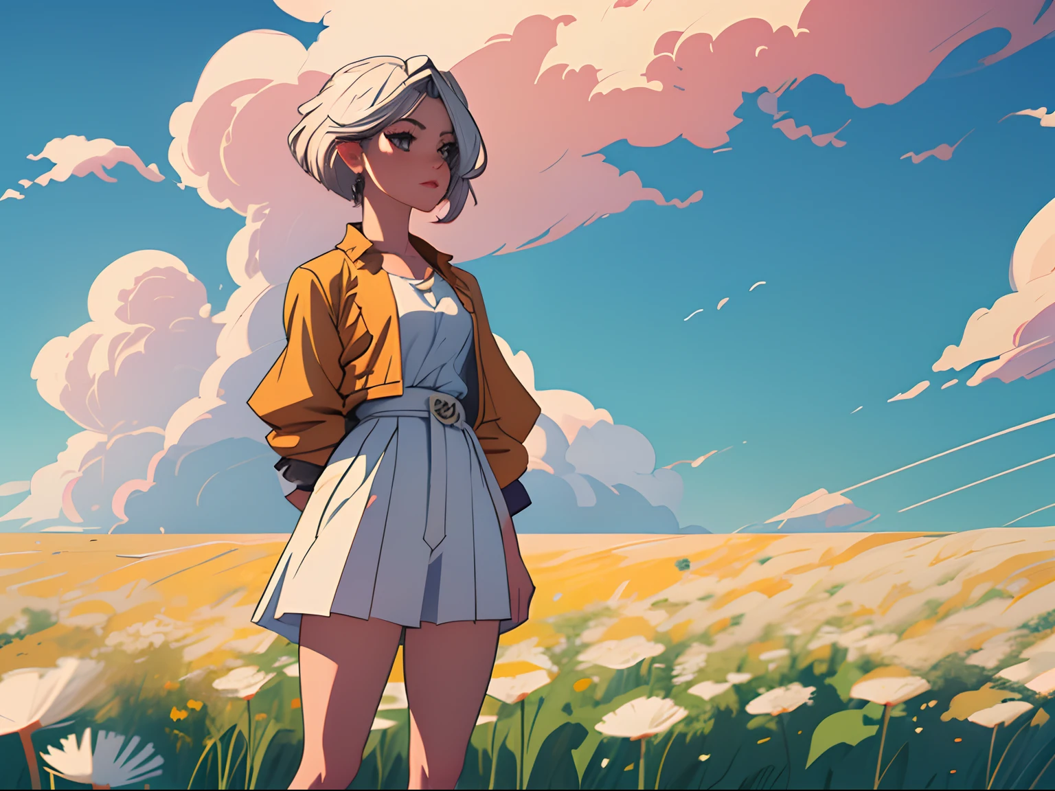 (best quality, masterpiece), 1girl, cloudy sky, dandelion, contrapposto, alternate hairstyle,4k