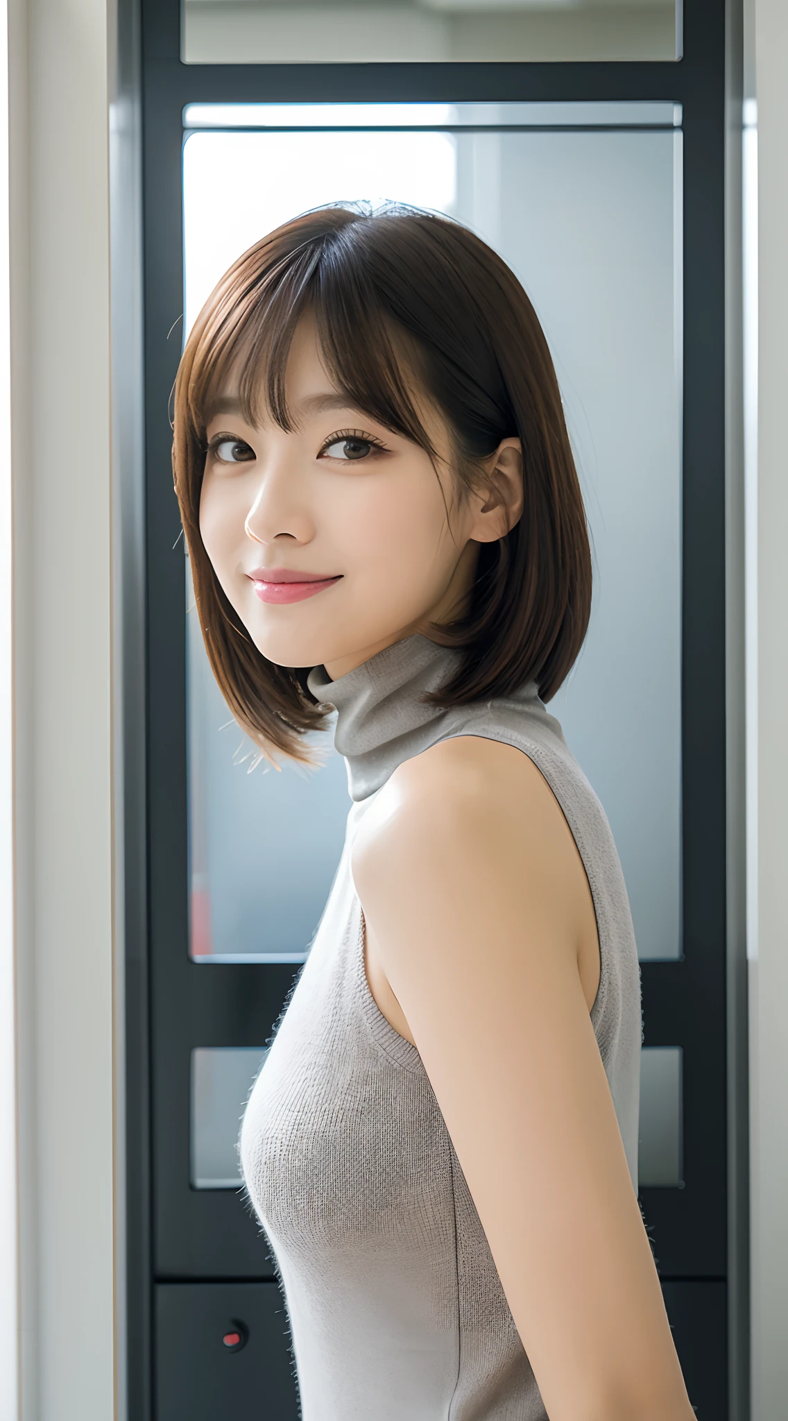 8K、top-quality、​masterpiece、超A high resolution、a picture、Beautiful Japan female elegance、SLR、There is a good、Transparent atmosphere、sexy lip、oblique bangs、Beautiful face、Very short、short-cut、Restore hair、Making bangs、Laugh、natural soft light、1girl in、de pele branca、Look into the distance、Pouty lips、Duck mouth、Hanging eyes、Thin thin eyebrows、Brown-eyed、tall、well-shaped bust of moderate size,,,,,,,、You can see the shape of the chest、pureerosface、cowboy  shot、a necklace、wrist watch、24 year old、Grey Turtleneck Knit T-Shirt、Silk、cashmere、turtle neck、Smooth fabric、Sleeveless、Calm fashion、Tight、Futomo、Clean office、Large blinds、white walls、There are large windows on the walls.、Leading Company、elevator、up chest、Inside the elevator、smile、