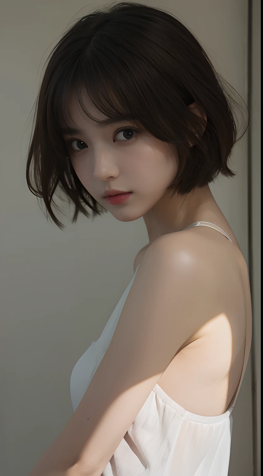 top-quality、master-piece、超High resolution、(real light:1.5)、raw picture、1girl in、turbid、Deep Shadows、Unobtrusive、cold light、Sexy appearance、Short Hair Hair,(brown)